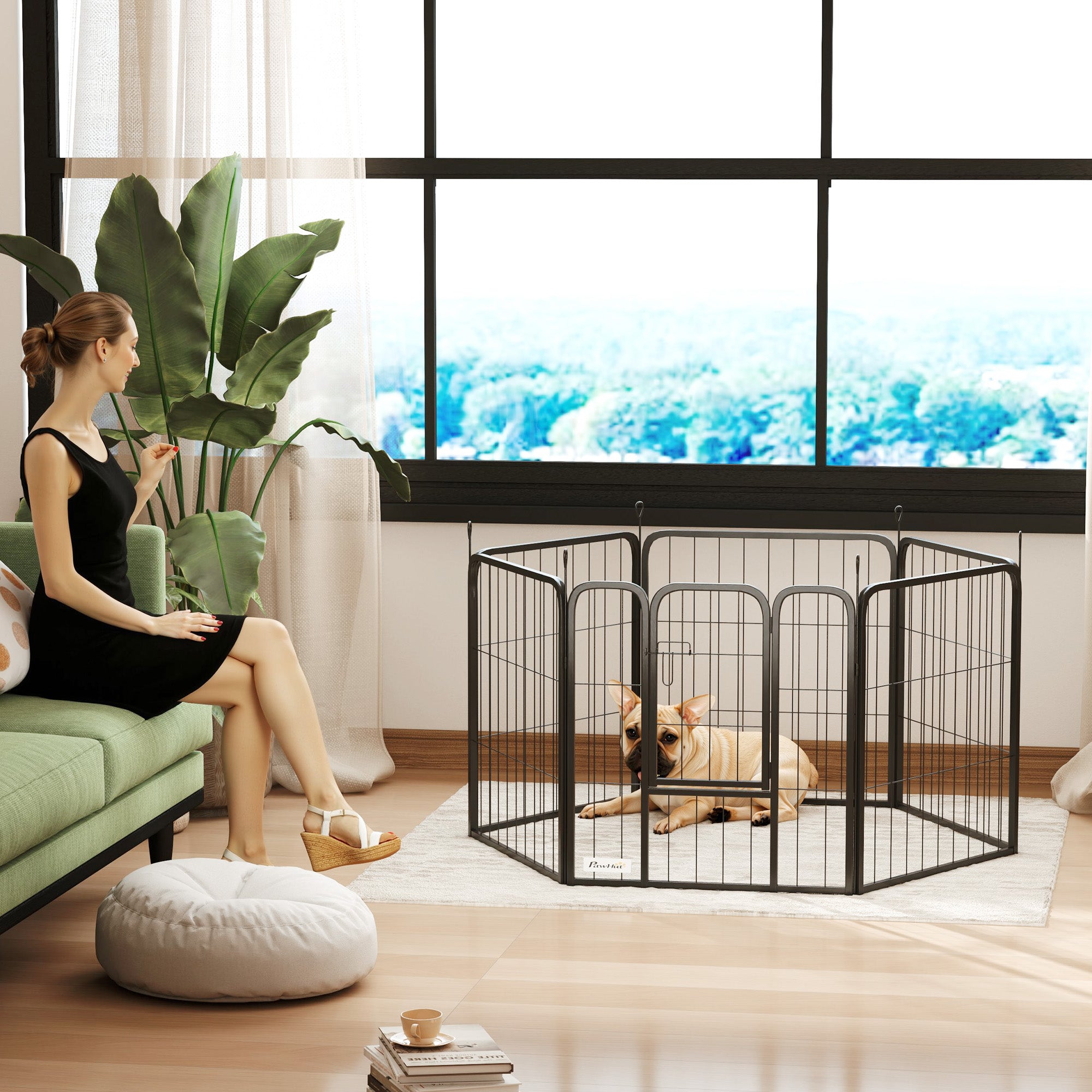 PawHut 6 Panels Dog Playpen, 24" Heavy Duty Dog Pen, Portable & Foldable Dog Fence with Door & Strap for Indoor Outdoor Backyard Garden, Puppy Pet Playpen for Small Dogs