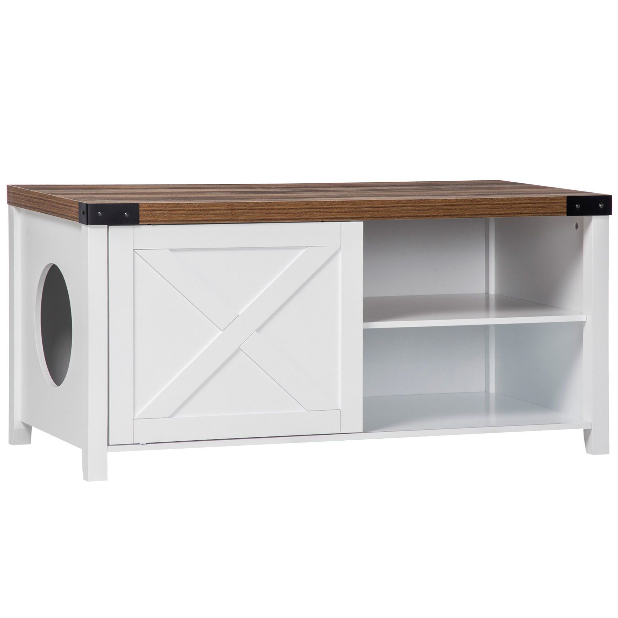 PawHut Cat Litter Box Enclosure with Sliding Door, Cat Washroom Storage Bench with Cat Hole, Indoor Cat House End Table with Sturdy Wooden Structure, White