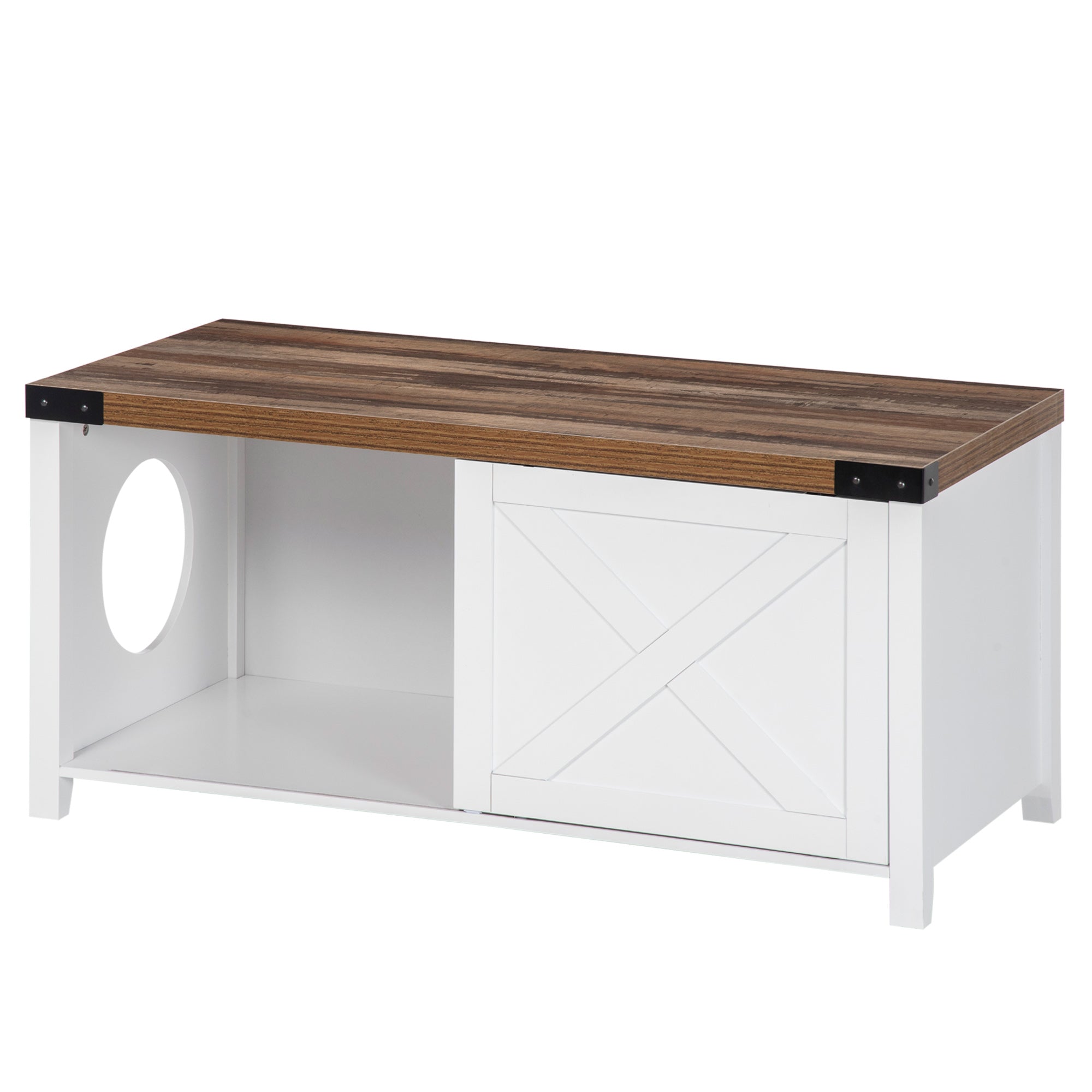 PawHut Cat Litter Box Enclosure with Sliding Door, Cat Washroom Storage Bench with Cat Hole, Indoor Cat House End Table with Sturdy Wooden Structure, White