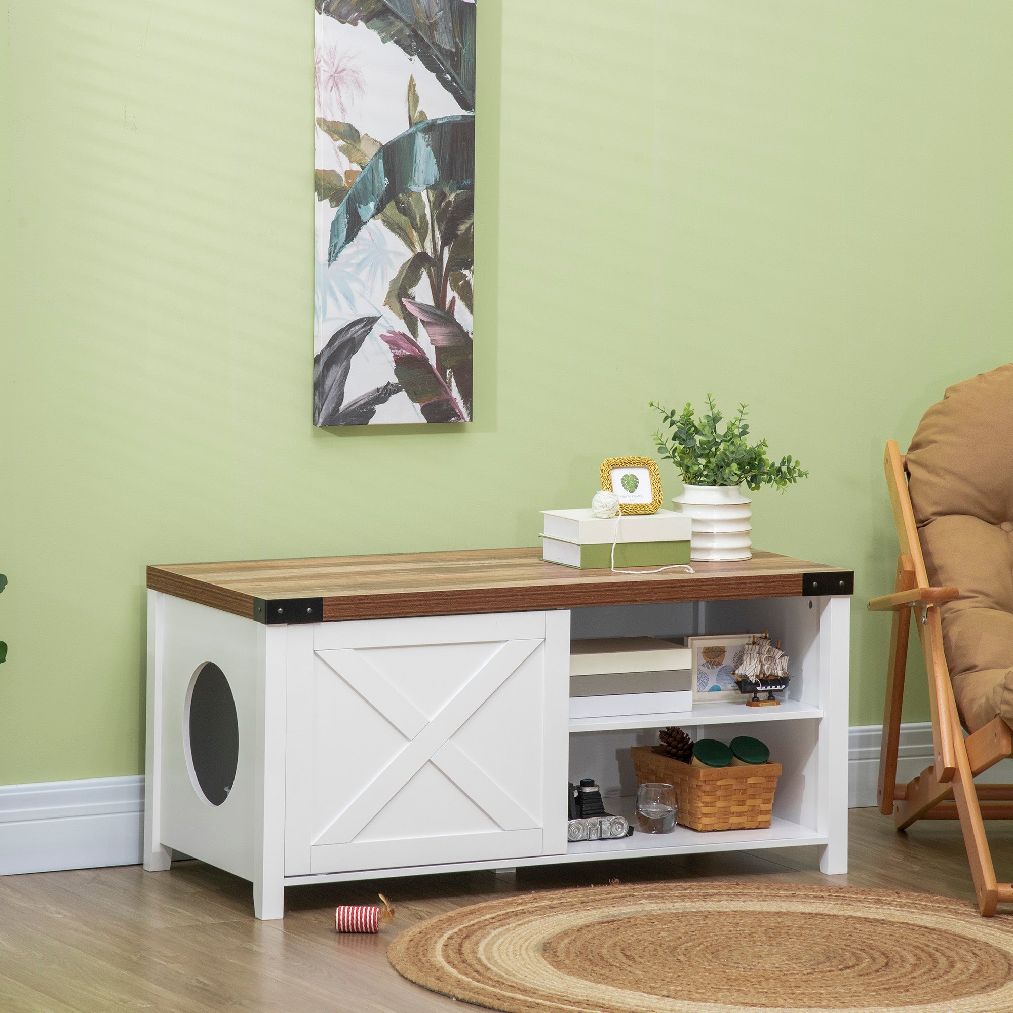 PawHut Cat Litter Box Enclosure with Sliding Door, Cat Washroom Storage Bench with Cat Hole, Indoor Cat House End Table with Sturdy Wooden Structure, White