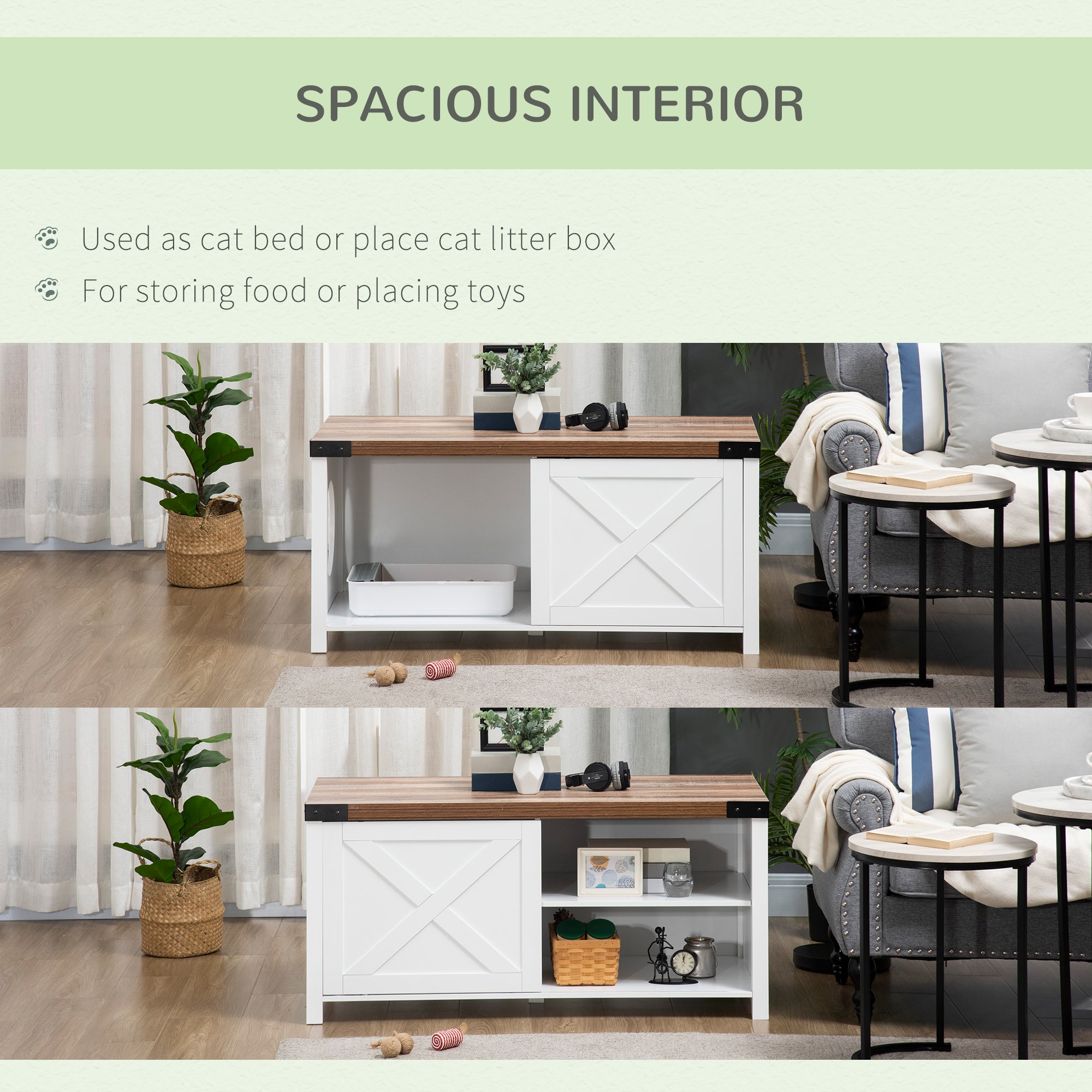 PawHut Cat Litter Box Enclosure with Sliding Door, Cat Washroom Storage Bench with Cat Hole, Indoor Cat House End Table with Sturdy Wooden Structure, White
