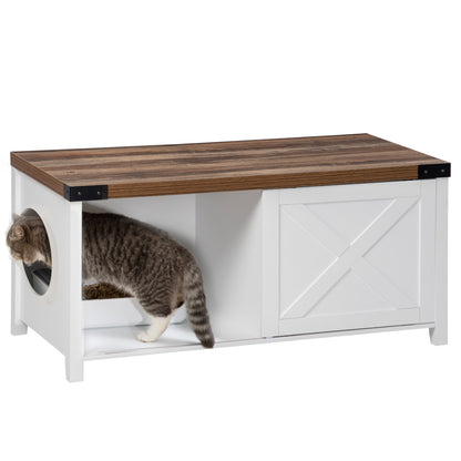 PawHut Cat Litter Box Enclosure with Sliding Door, Cat Washroom Storage Bench with Cat Hole, Indoor Cat House End Table with Sturdy Wooden Structure, White