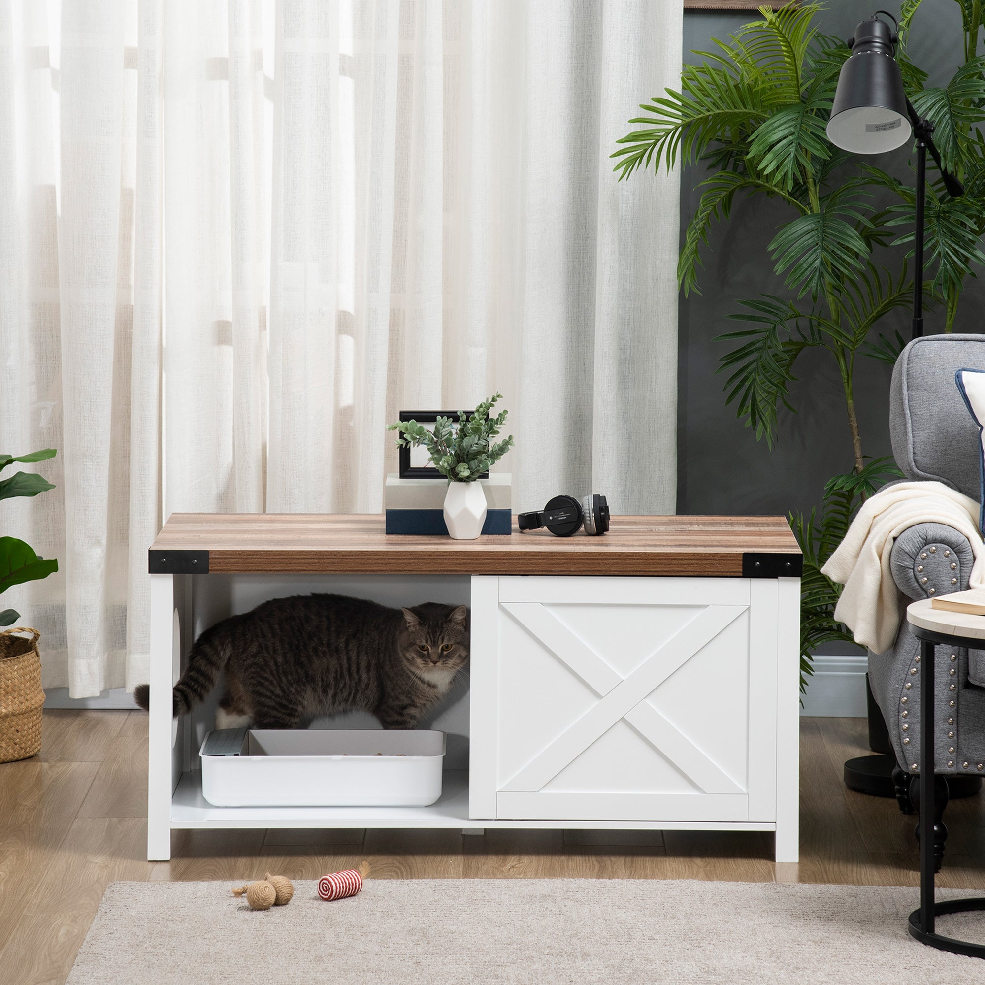 PawHut Cat Litter Box Enclosure with Sliding Door, Cat Washroom Storage Bench with Cat Hole, Indoor Cat House End Table with Sturdy Wooden Structure, White