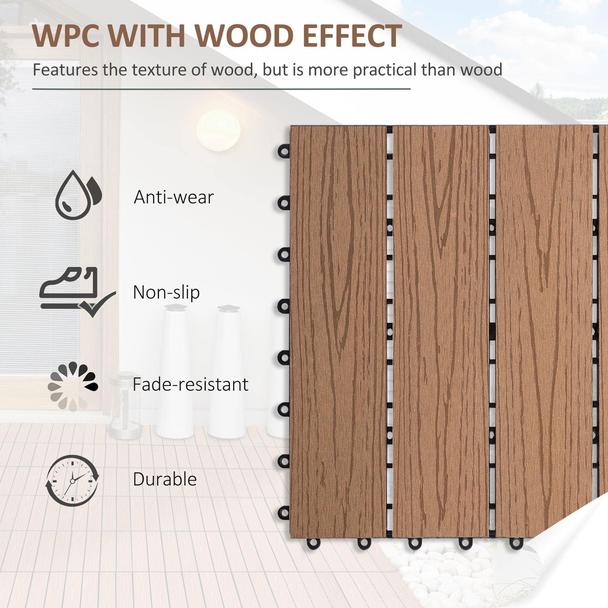 Outsunny WPC Interlocking Deck Tiles, 11 Pack 12" x 12" Outdoor Tiles, Tools Free Assembly, Waterproof and Non-slip Patio Flooring, Teak
