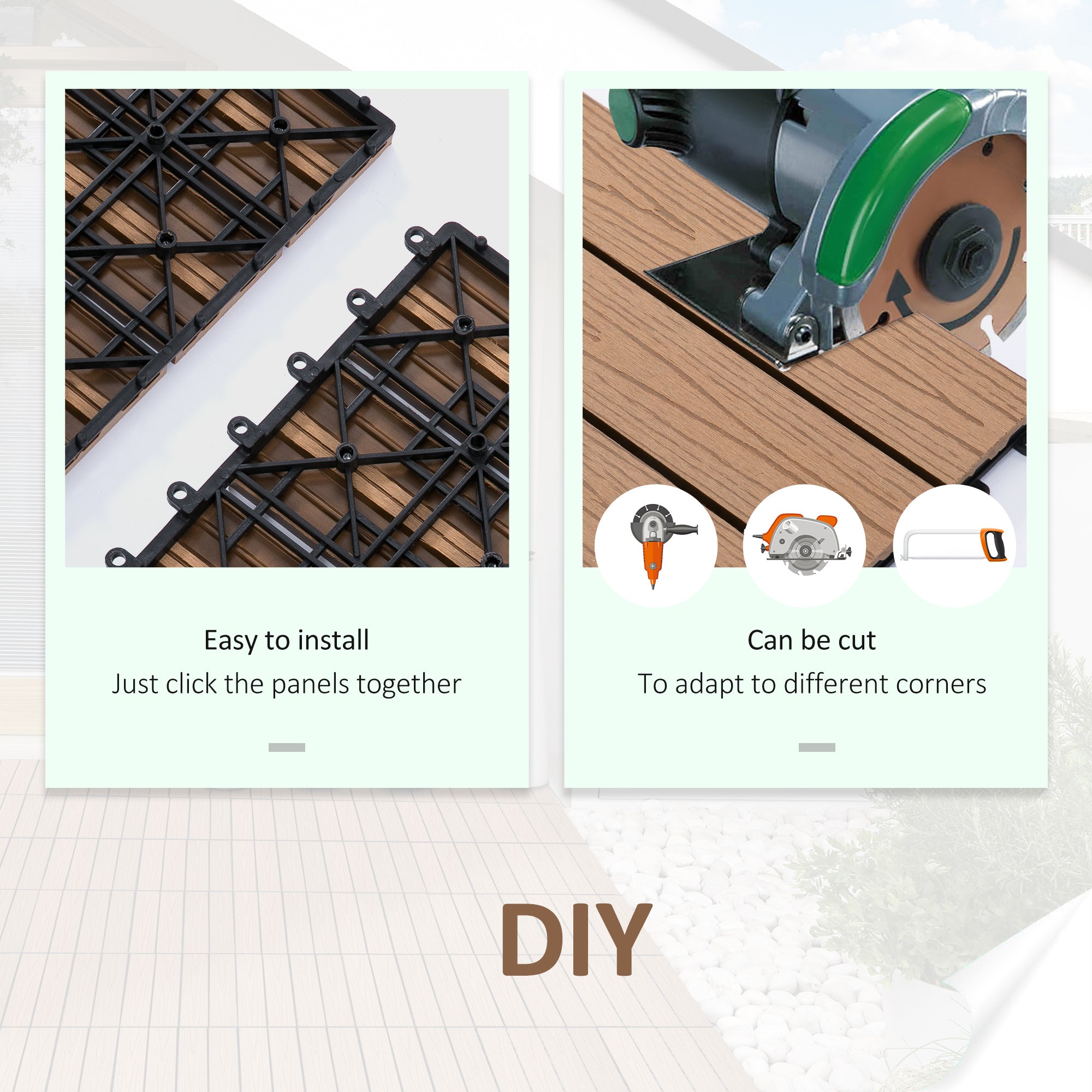 Outsunny WPC Interlocking Deck Tiles, 11 Pack 12" x 12" Outdoor Tiles, Tools Free Assembly, Waterproof and Non-slip Patio Flooring, Teak