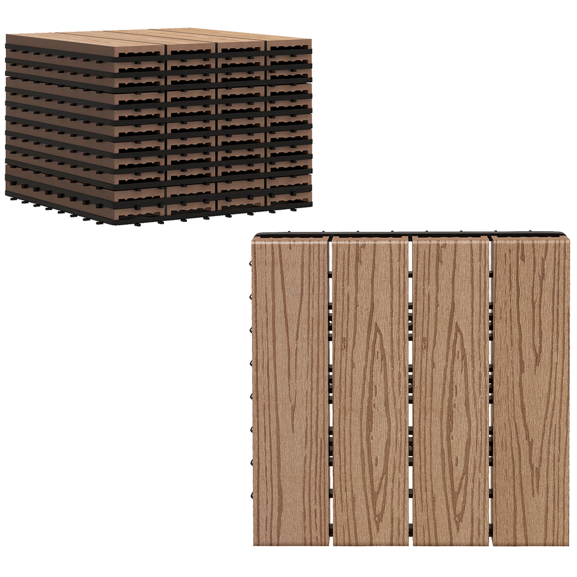 Outsunny WPC Interlocking Deck Tiles, 11 Pack 12" x 12" Outdoor Tiles, Tools Free Assembly, Waterproof and Non-slip Patio Flooring, Teak