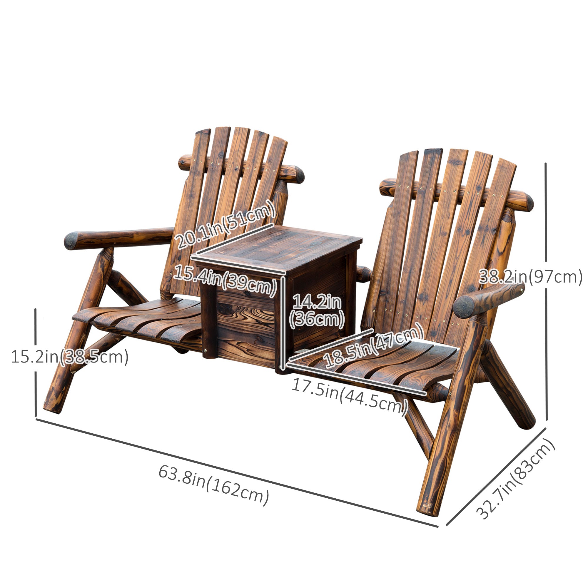 Outsunny 64" Double Wooden Garden Bench with Table, 2-Seater Adirondack Loveseat with Ice Bucket, High Backrest, Armrests, for Yard, Lawn, Porch, Patio, Rustic Brown