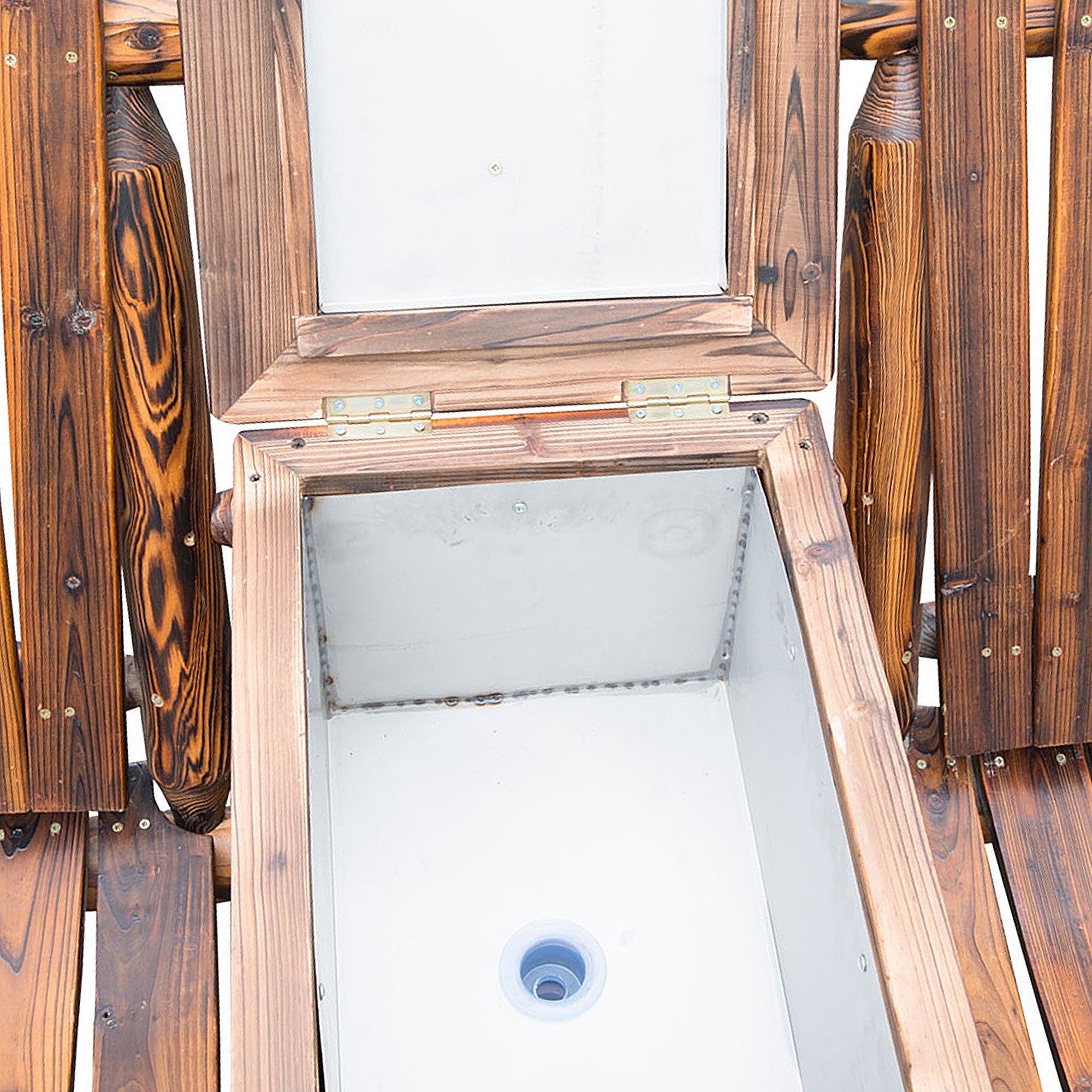 Outsunny 64" Double Wooden Garden Bench with Table, 2-Seater Adirondack Loveseat with Ice Bucket, High Backrest, Armrests, for Yard, Lawn, Porch, Patio, Rustic Brown