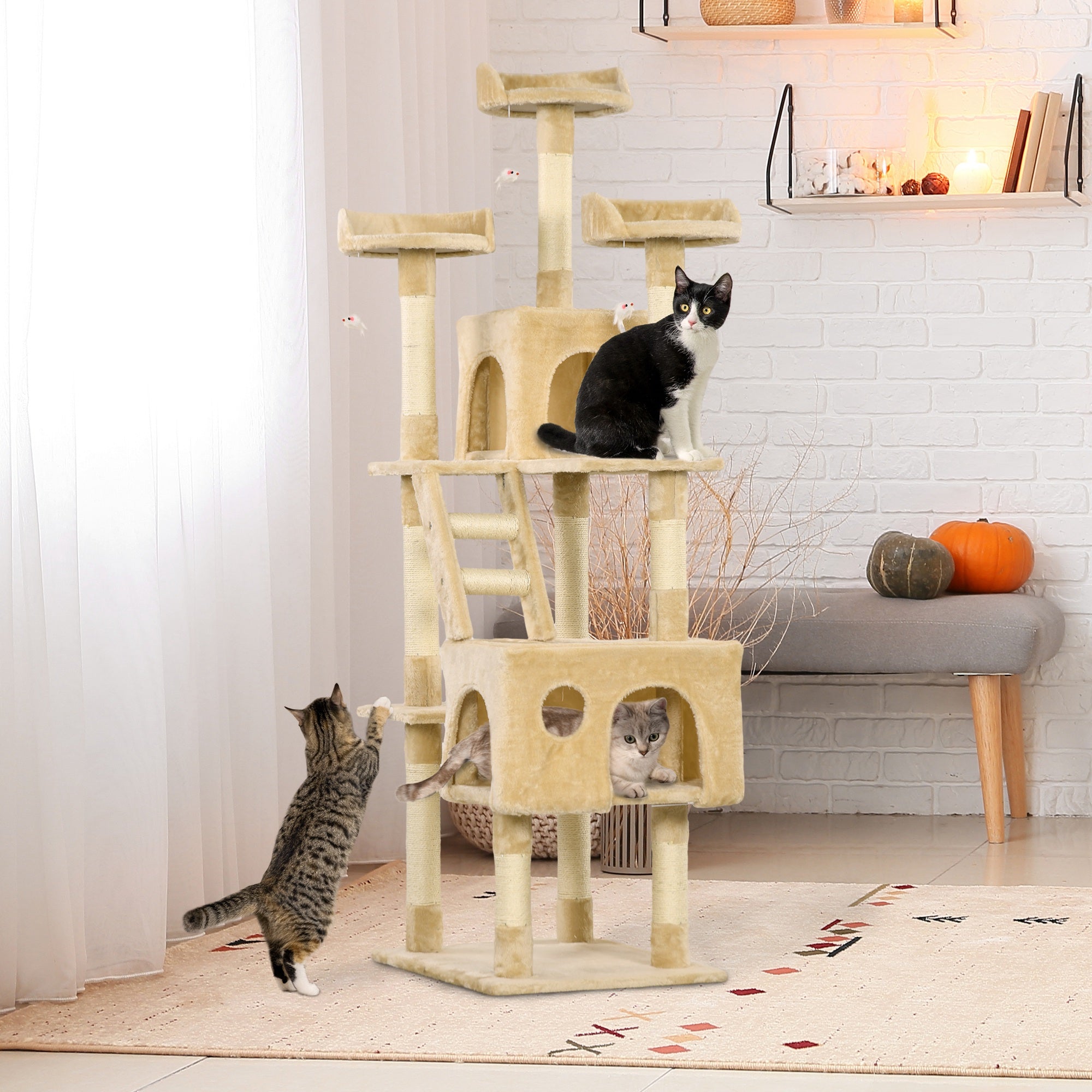 PawHut 71Inch Cat Tree, Cat Tower with Scratching Post, Cat Houses, Toys, Beige