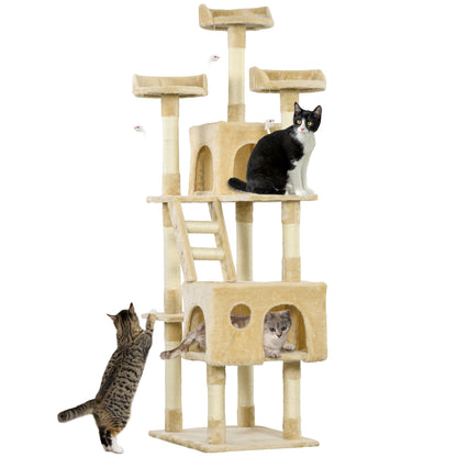 PawHut 71Inch Cat Tree, Cat Tower with Scratching Post, Cat Houses, Toys, Beige