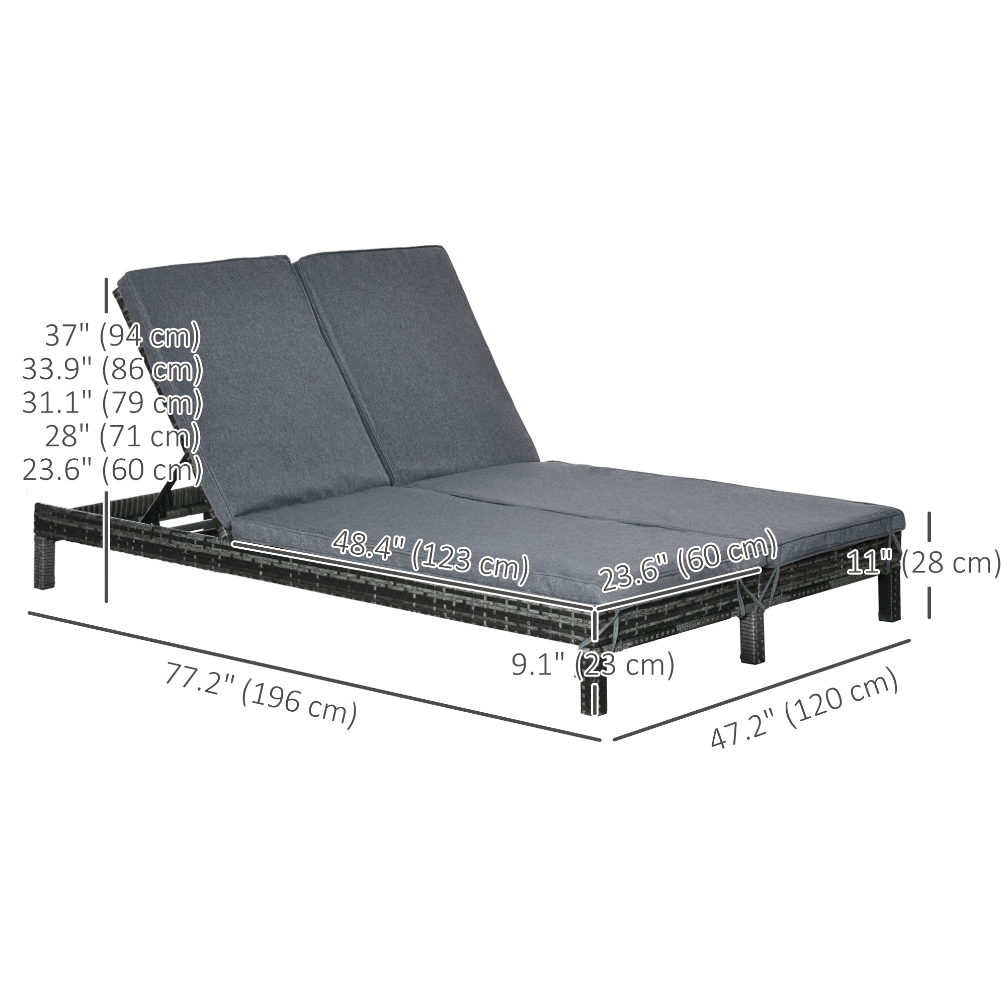 Outsunny Wicker Double Chaise Lounger Chair Outdoor Recliner 2 Person Rattan Patio Reclining Sunbed Furniture Cushioned w/Adjustable Backrest, Black, Grey