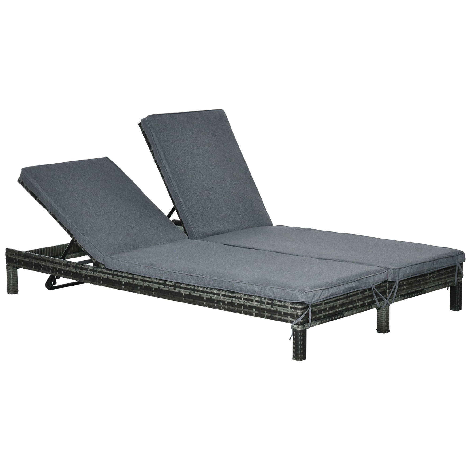 Outsunny Wicker Double Chaise Lounger Chair Outdoor Recliner 2 Person Rattan Patio Reclining Sunbed Furniture Cushioned w/Adjustable Backrest, Black, Grey