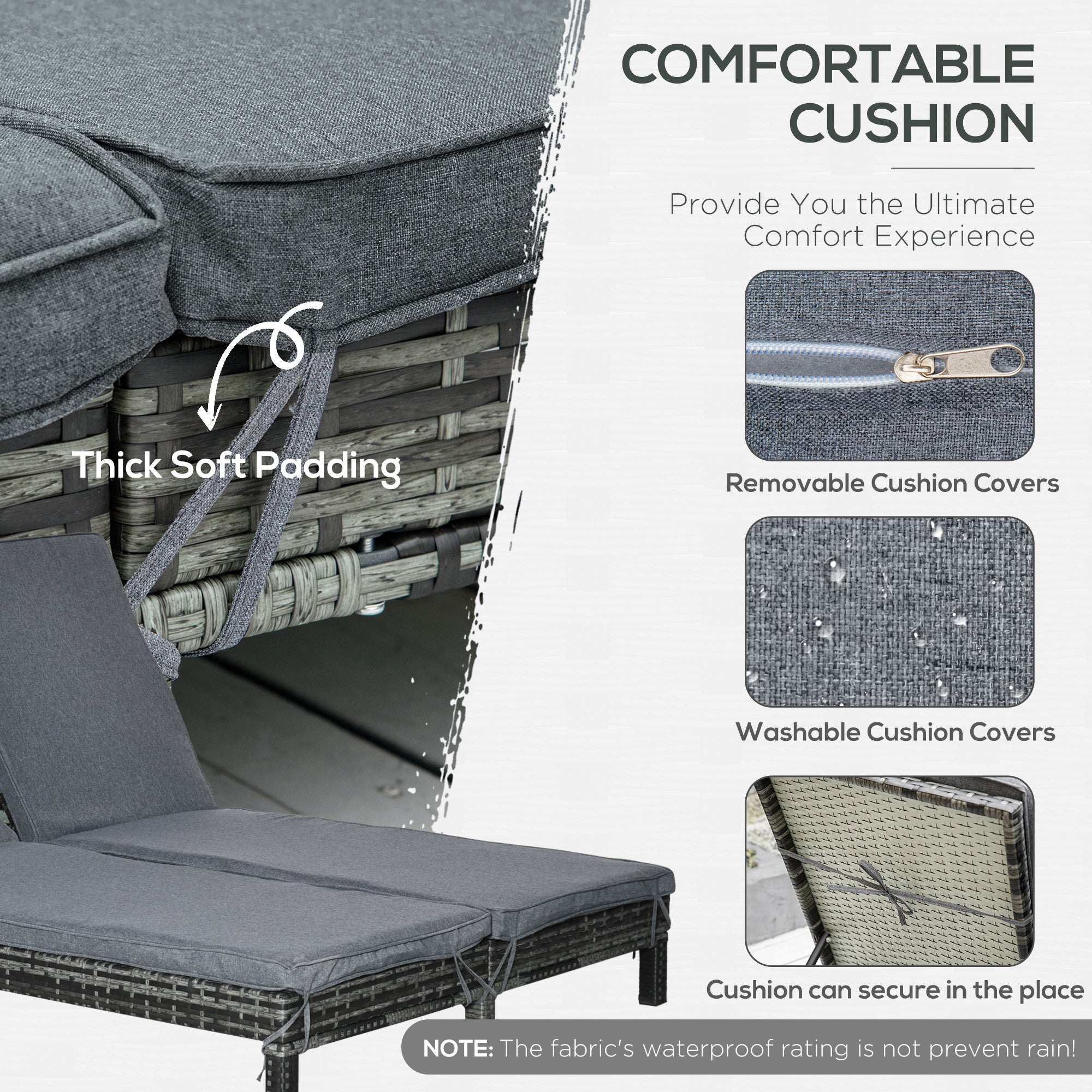 Outsunny Wicker Double Chaise Lounger Chair Outdoor Recliner 2 Person Rattan Patio Reclining Sunbed Furniture Cushioned w/Adjustable Backrest, Black, Grey