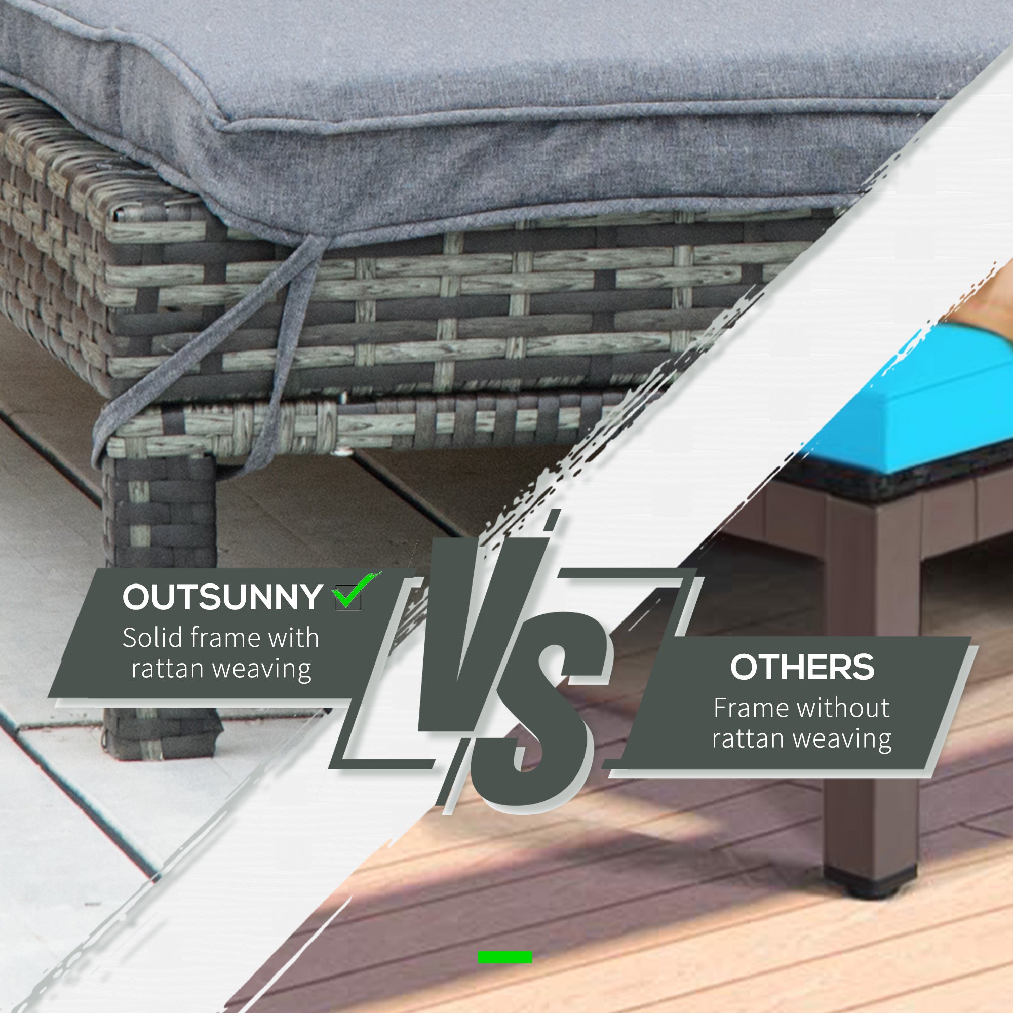 Outsunny Wicker Double Chaise Lounger Chair Outdoor Recliner 2 Person Rattan Patio Reclining Sunbed Furniture Cushioned w/Adjustable Backrest, Black, Grey