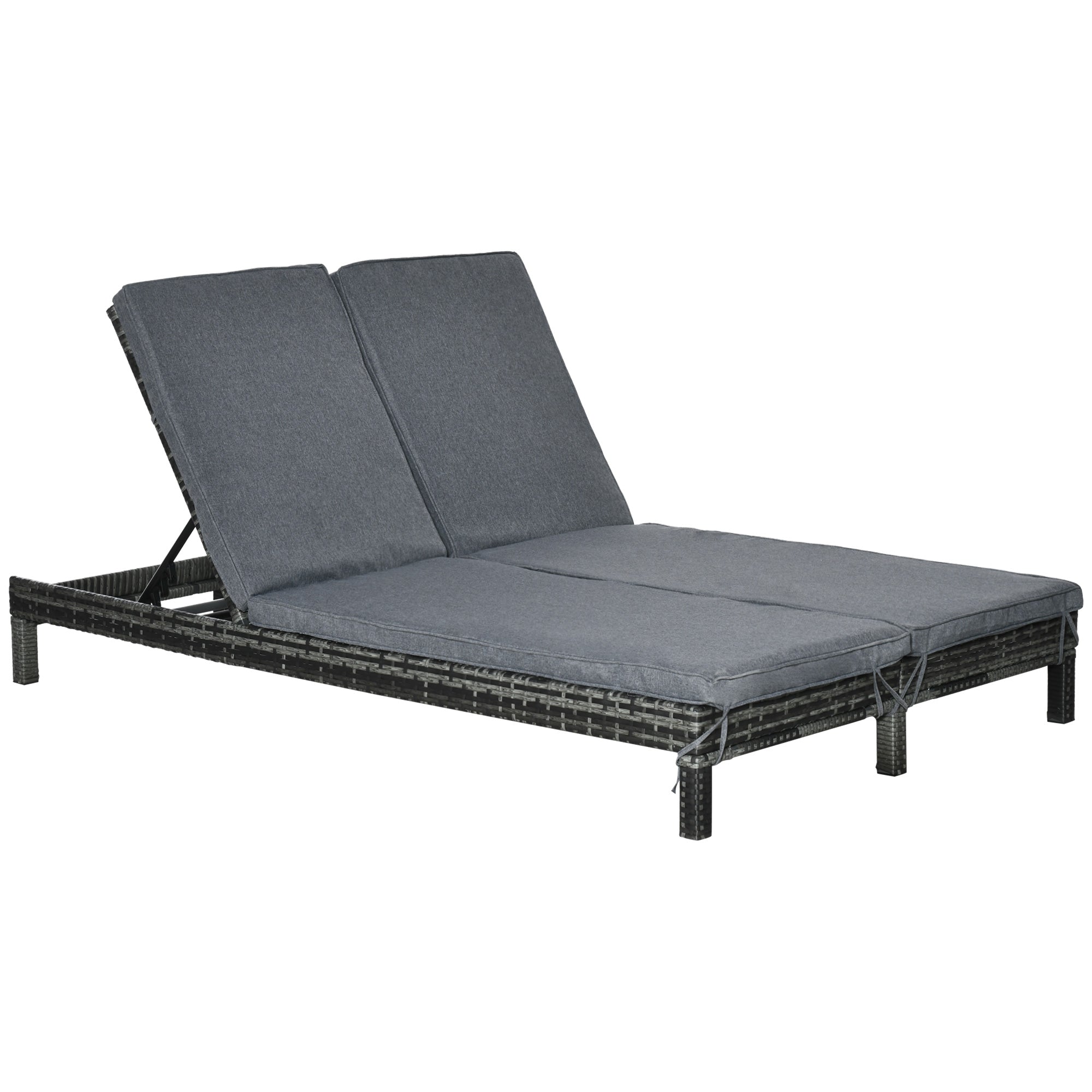 Outsunny Wicker Double Chaise Lounger Chair Outdoor Recliner 2 Person Rattan Patio Reclining Sunbed Furniture Cushioned w/Adjustable Backrest, Black, Grey