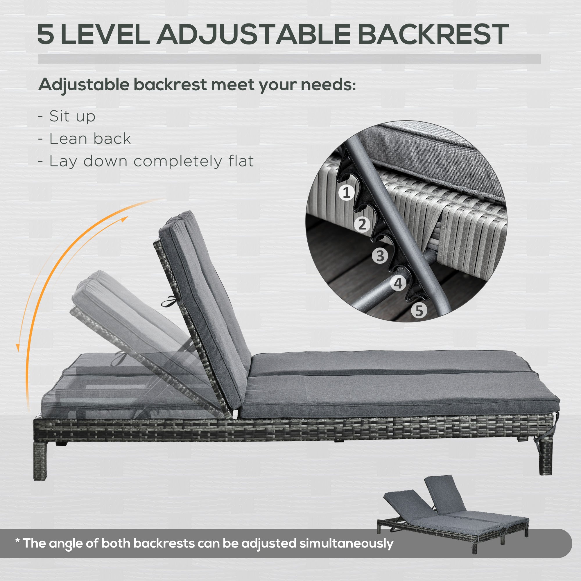 Outsunny Wicker Double Chaise Lounger Chair Outdoor Recliner 2 Person Rattan Patio Reclining Sunbed Furniture Cushioned w/Adjustable Backrest, Black, Grey