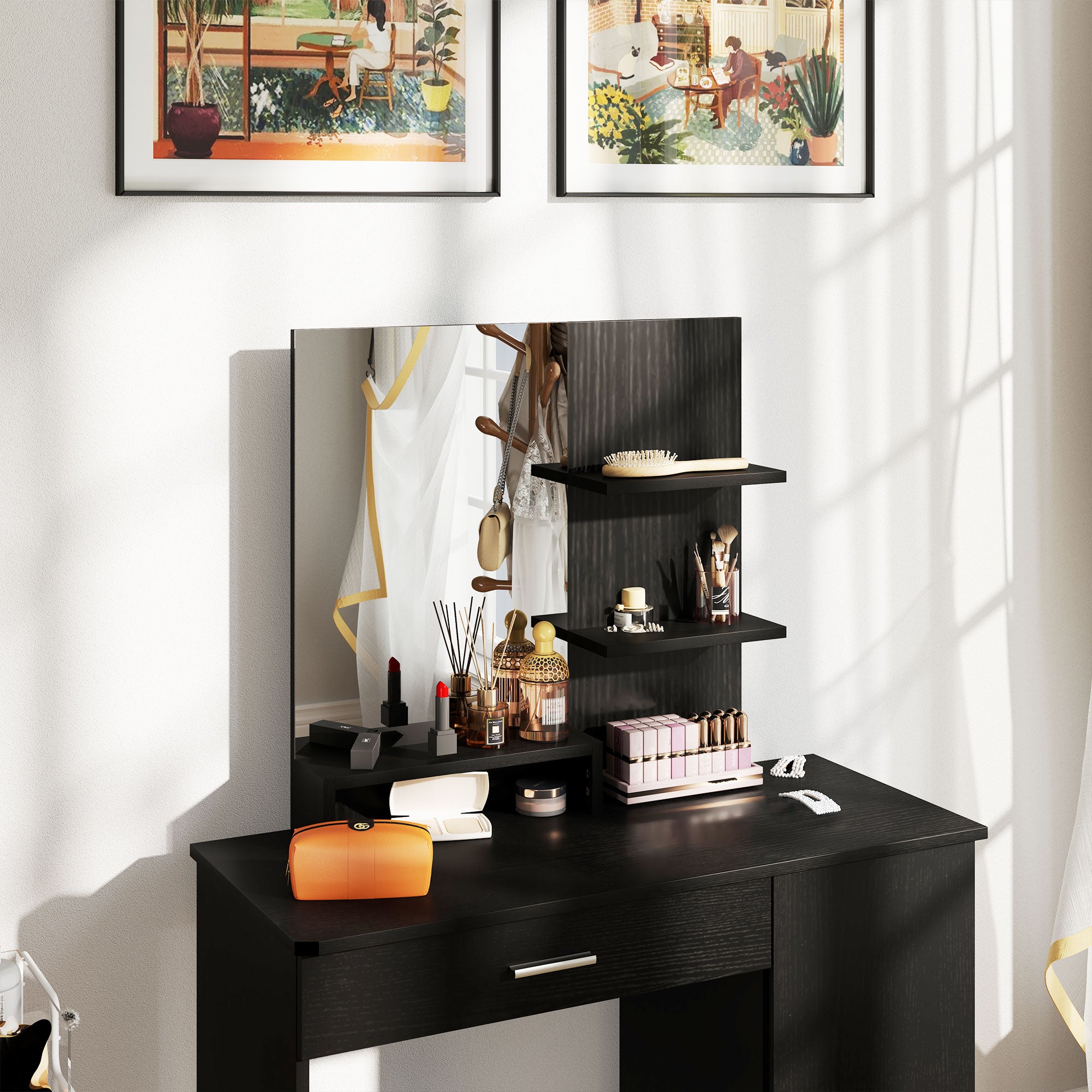 HOMCOM Vanity Table, Makeup Table with Mirror, Drawer and Storage Shelves for Bedroom (Distressed Black)