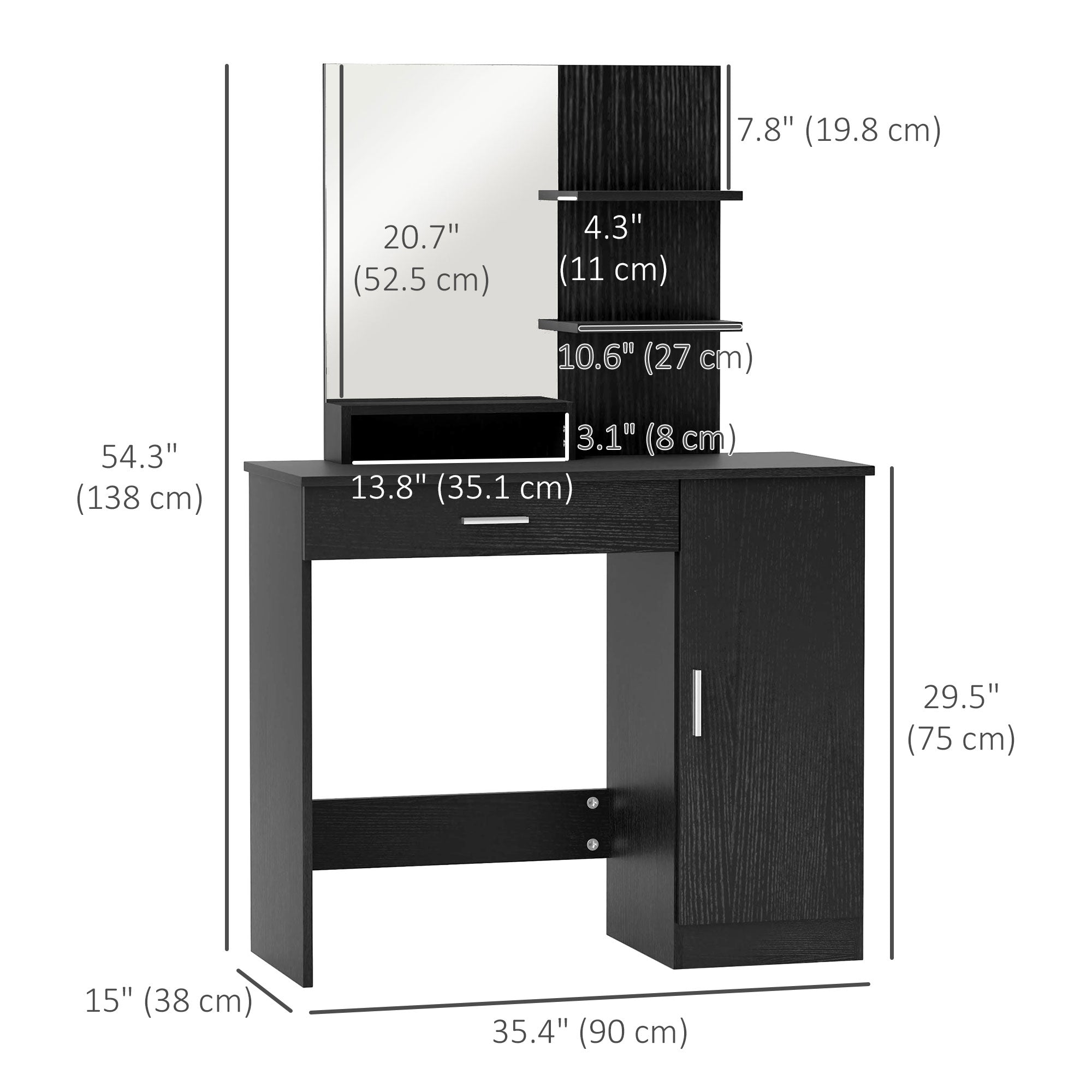 HOMCOM Vanity Table, Makeup Table with Mirror, Drawer and Storage Shelves for Bedroom (Distressed Black)