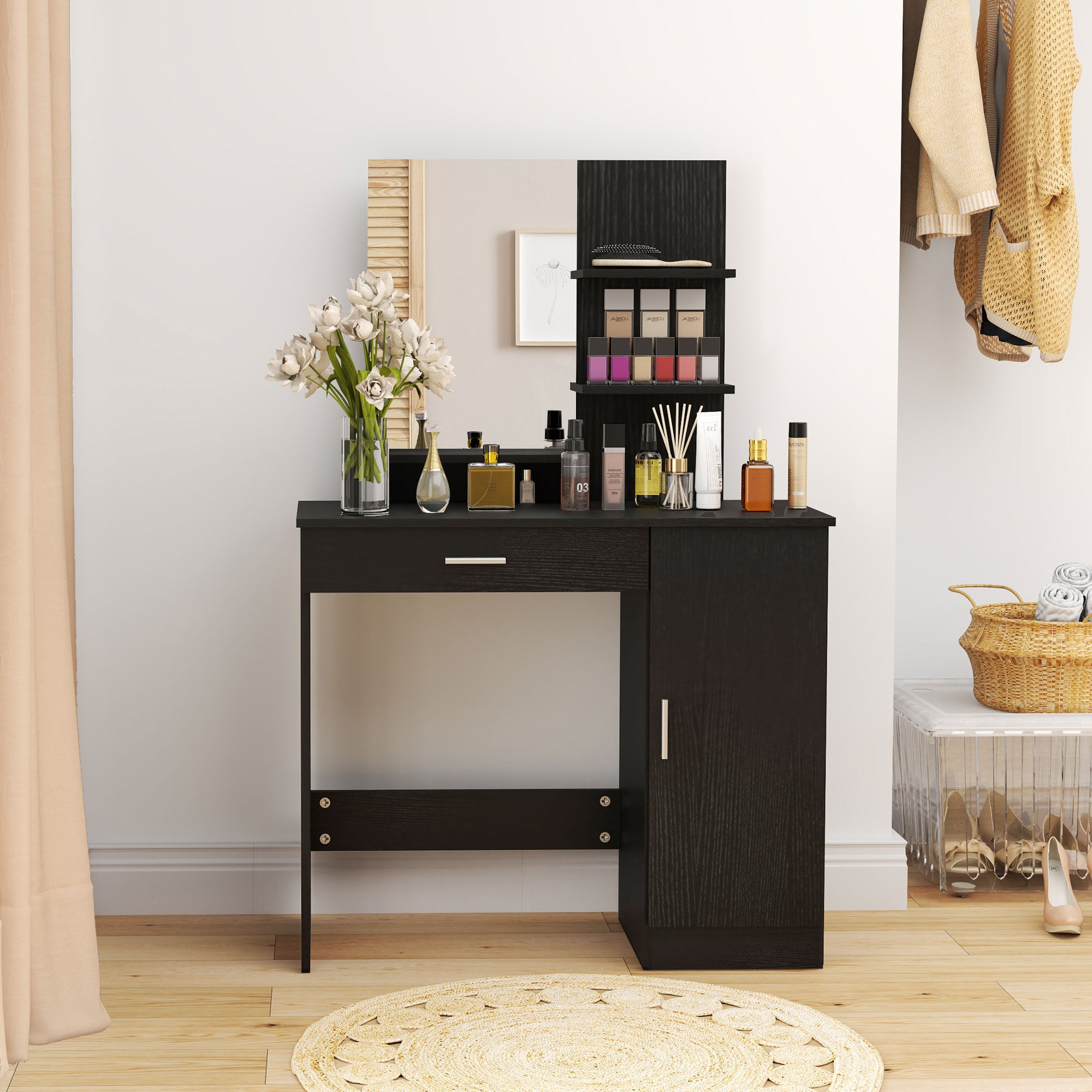 HOMCOM Vanity Table, Makeup Table with Mirror, Drawer and Storage Shelves for Bedroom (Distressed Black)