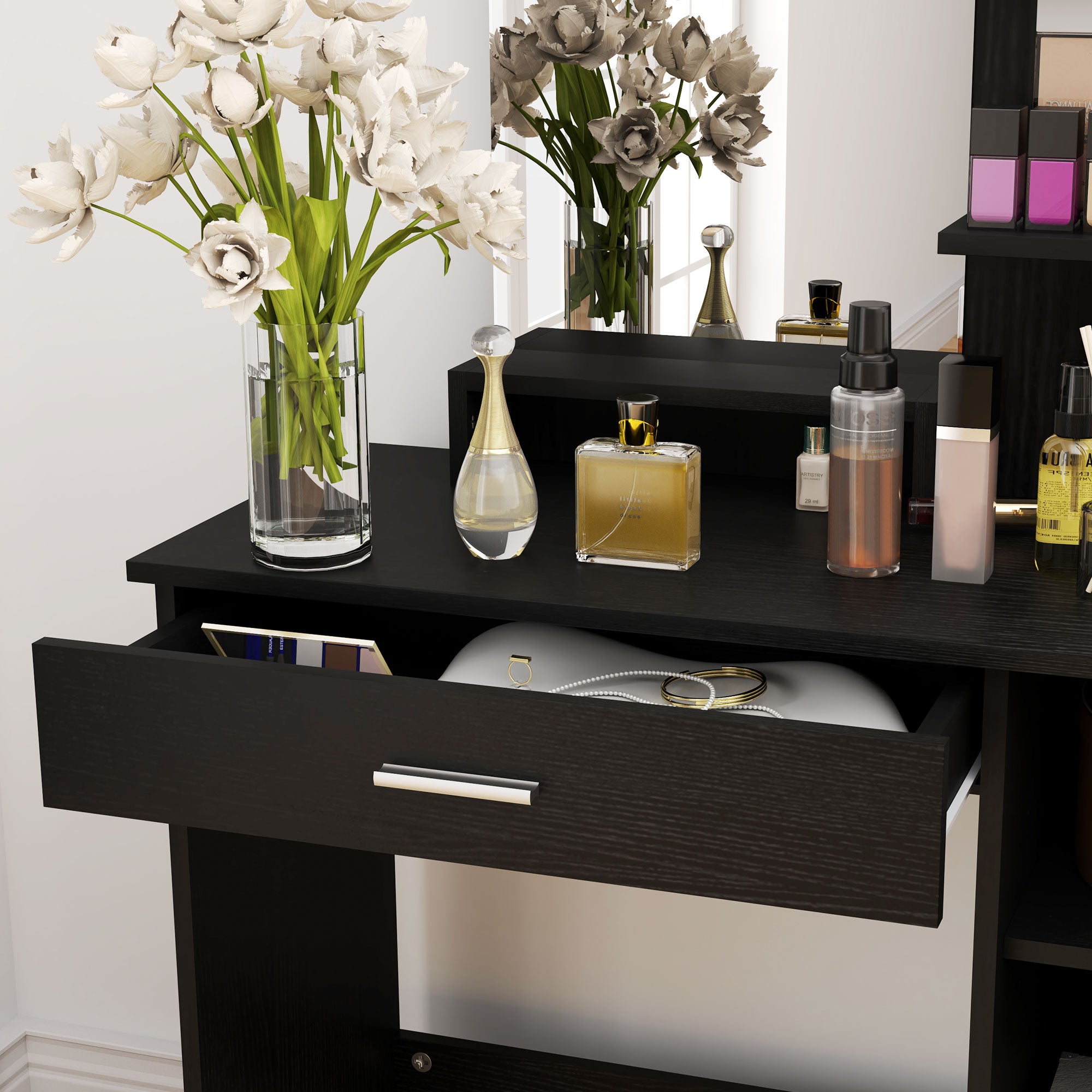 HOMCOM Vanity Table, Makeup Table with Mirror, Drawer and Storage Shelves for Bedroom (Distressed Black)