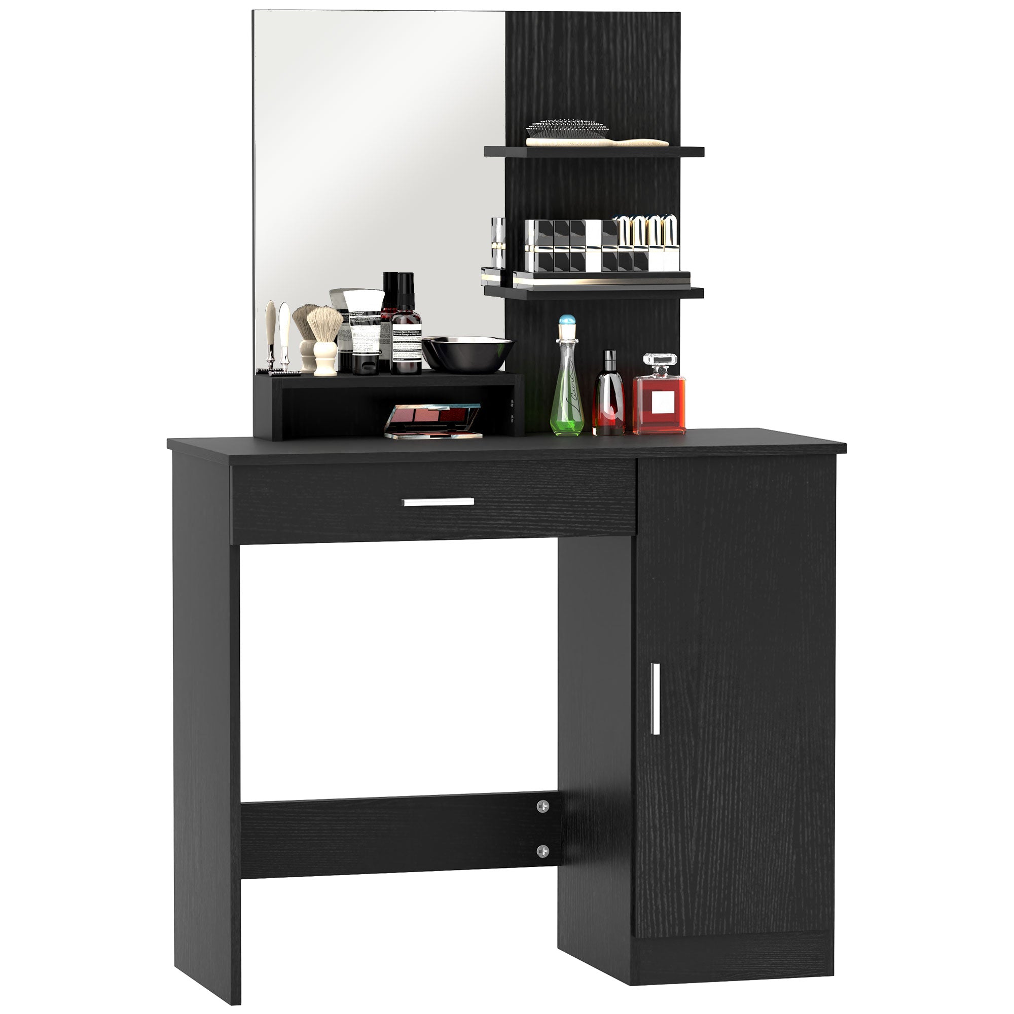 HOMCOM Vanity Table, Makeup Table with Mirror, Drawer and Storage Shelves for Bedroom (Distressed Black)