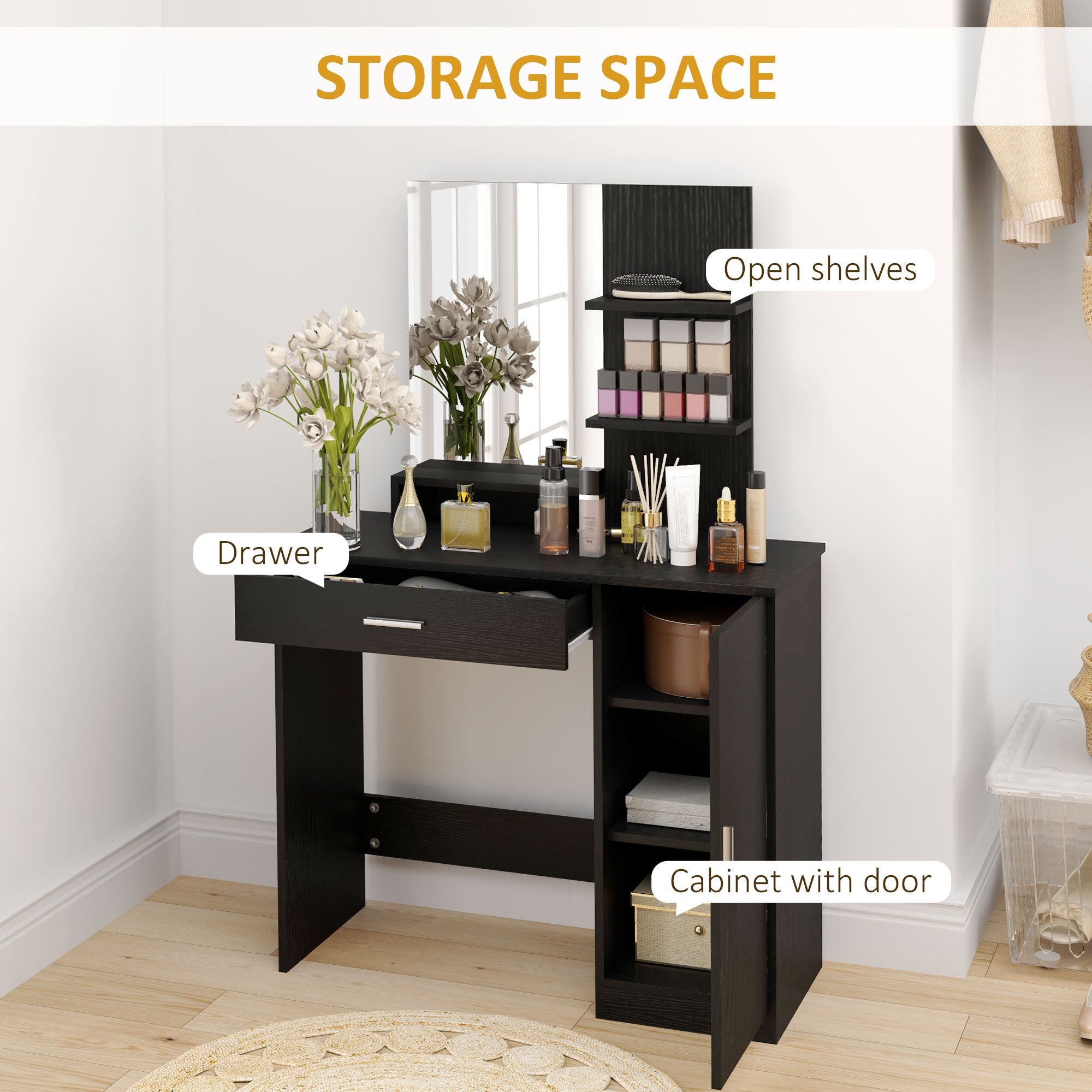HOMCOM Vanity Table, Makeup Table with Mirror, Drawer and Storage Shelves for Bedroom (Distressed Black)