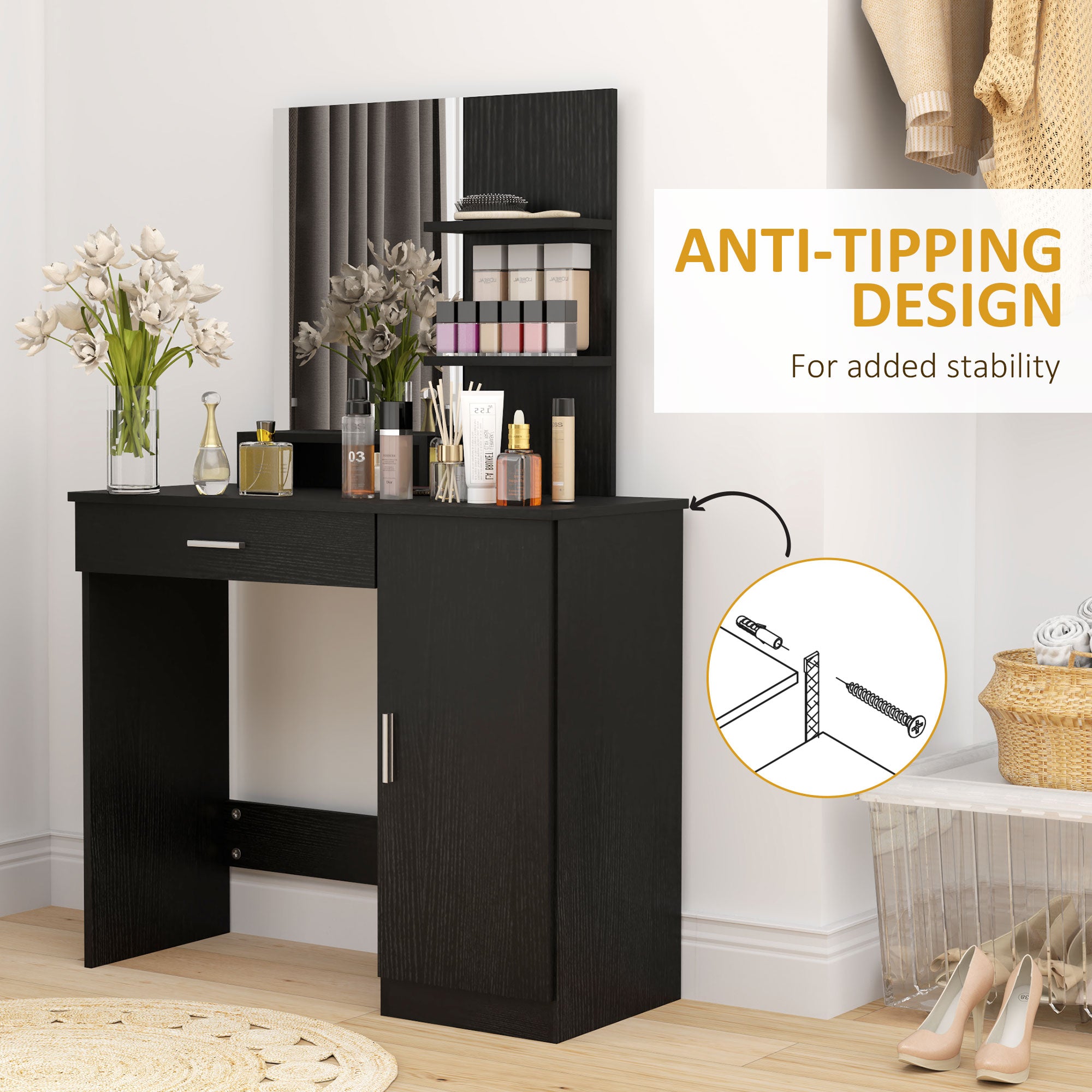 HOMCOM Vanity Table, Makeup Table with Mirror, Drawer and Storage Shelves for Bedroom (Distressed Black)