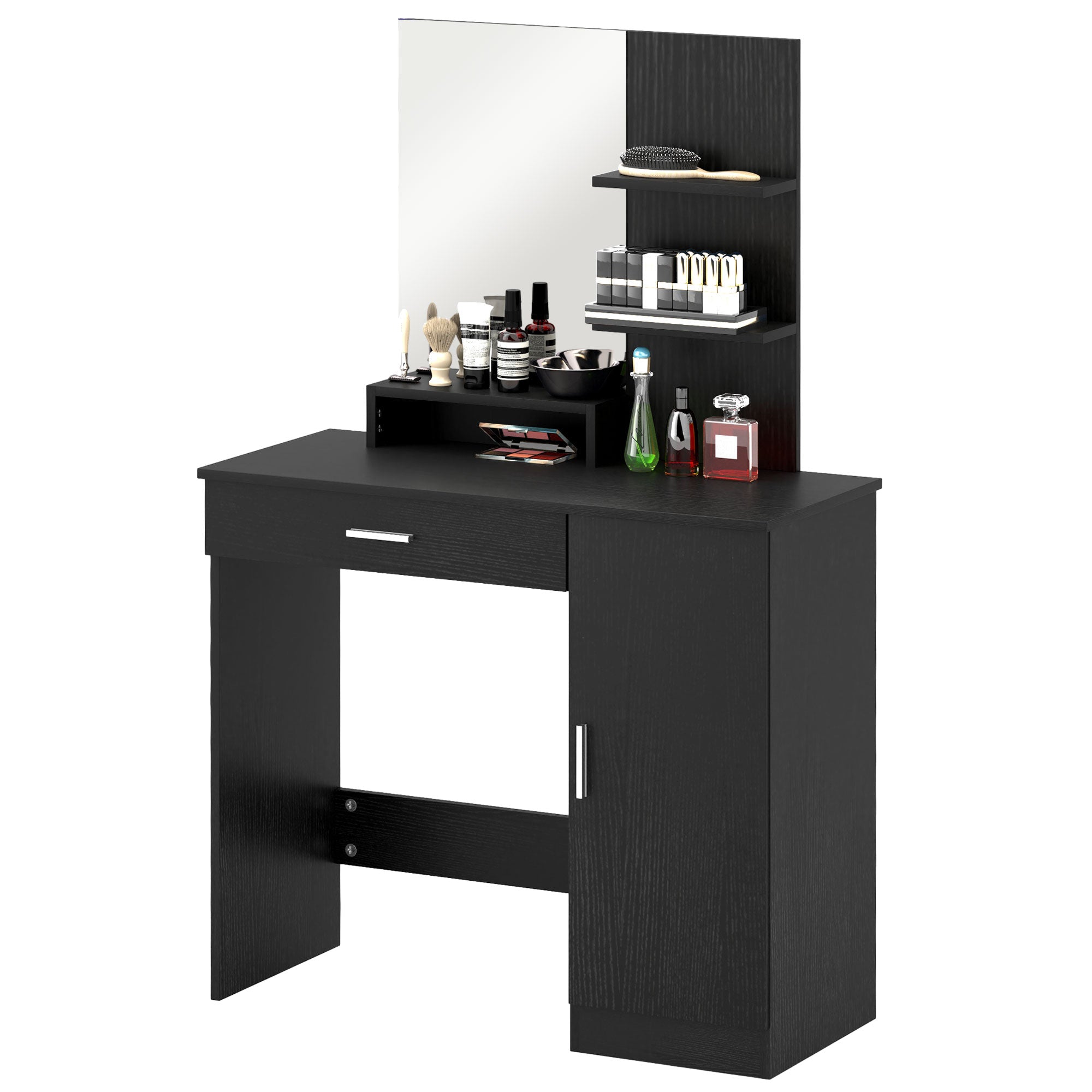 HOMCOM Vanity Table, Makeup Table with Mirror, Drawer and Storage Shelves for Bedroom (Distressed Black)