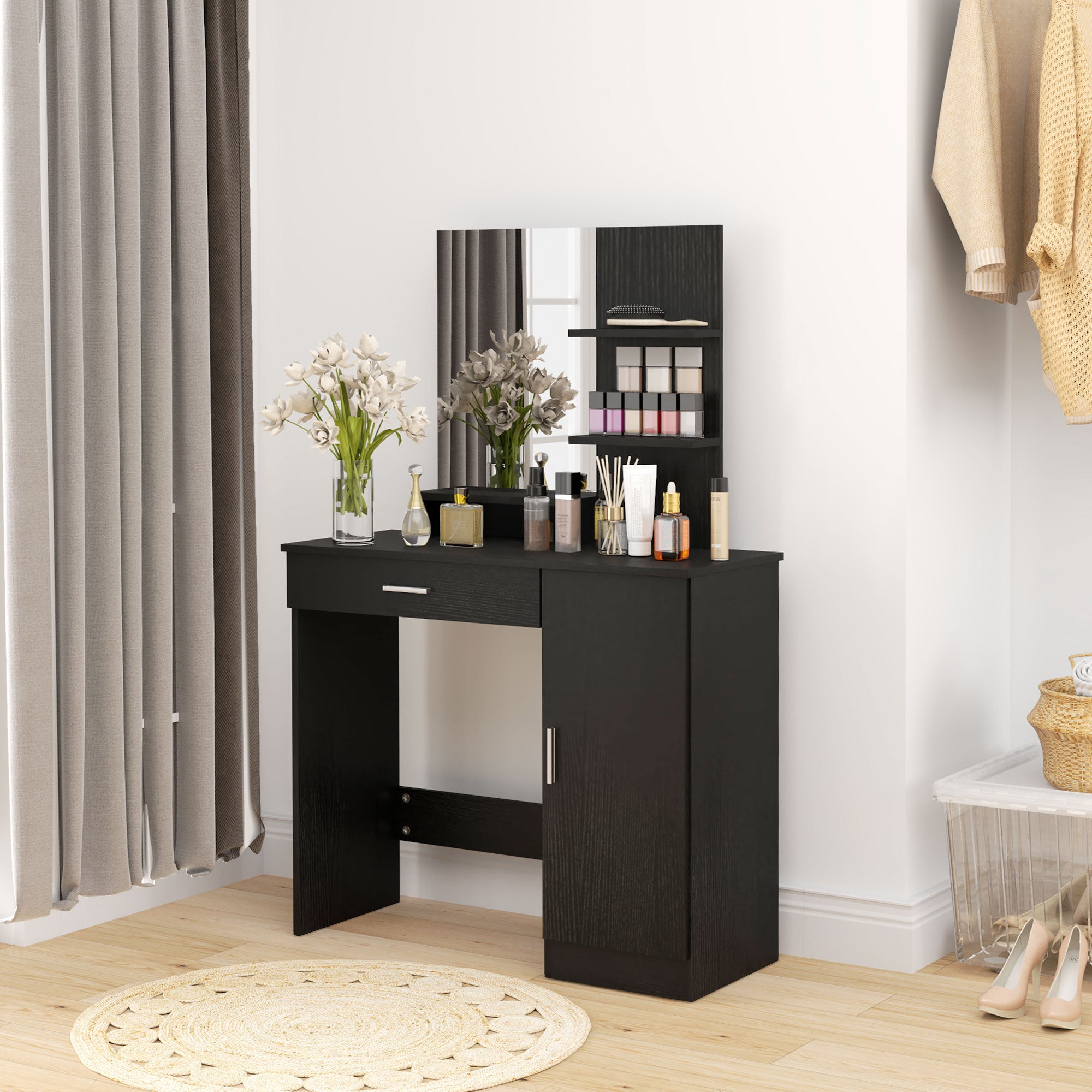 HOMCOM Vanity Table, Makeup Table with Mirror, Drawer and Storage Shelves for Bedroom (Distressed Black)