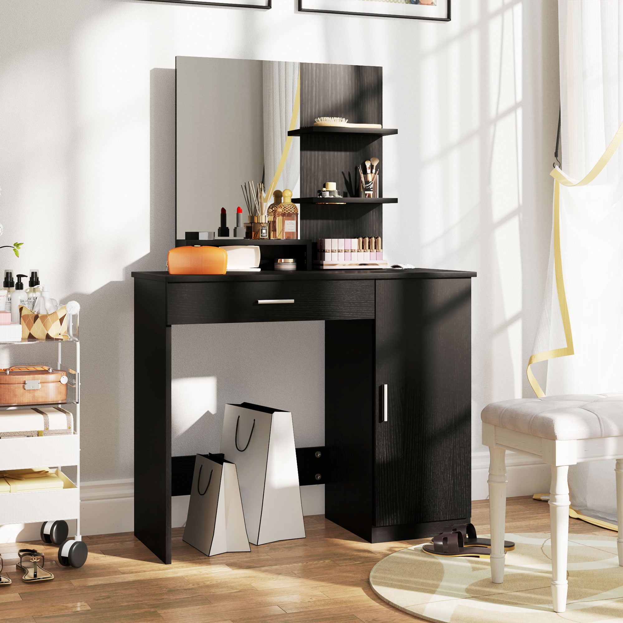 HOMCOM Vanity Table, Makeup Table with Mirror, Drawer and Storage Shelves for Bedroom (Distressed Black)