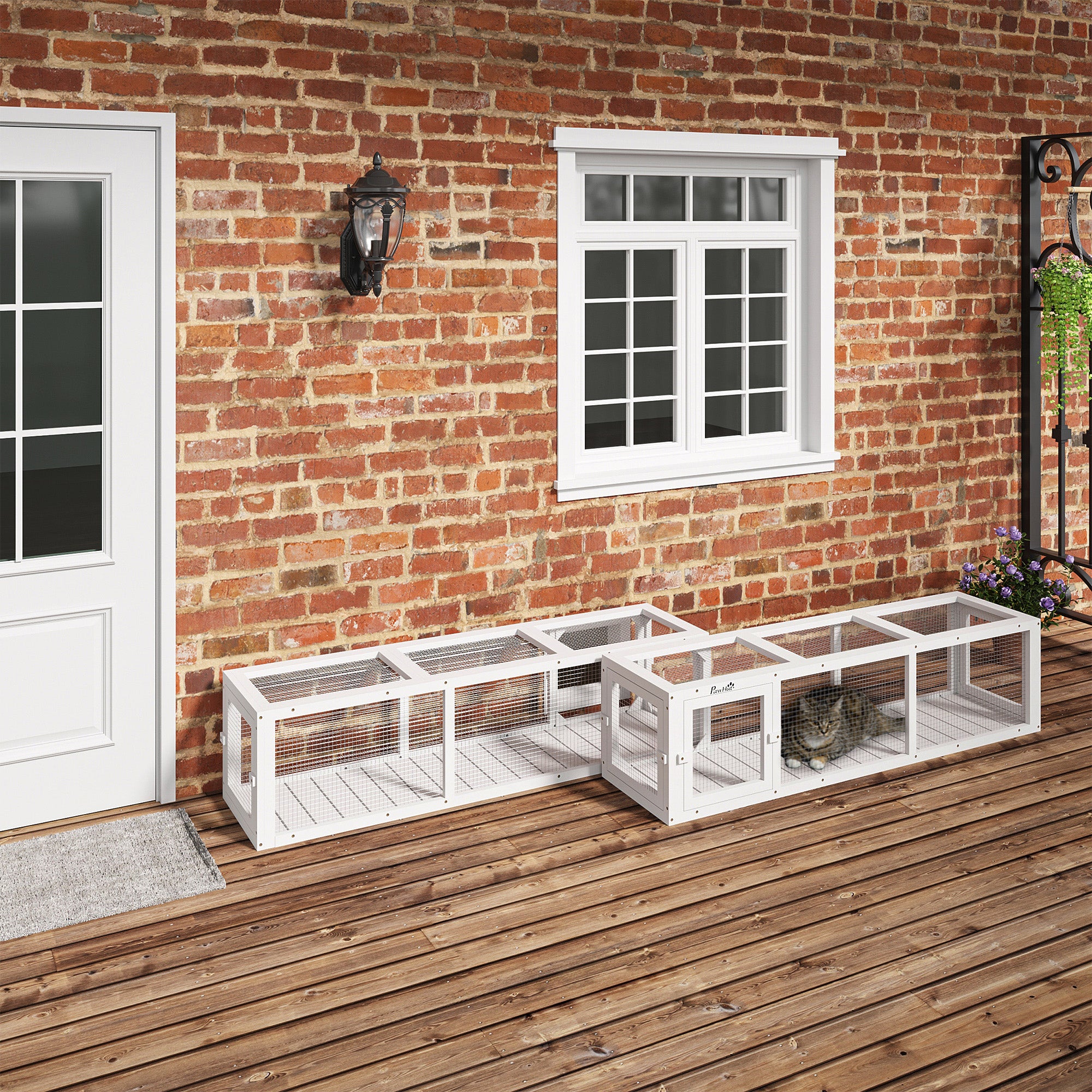 PawHut Outdoor Cat Tunnel with Extendable Design, 59" L Wooden Cat Run with Weather Protection, Connecting Inside and Outside, for Deck Patios, Balconies, White