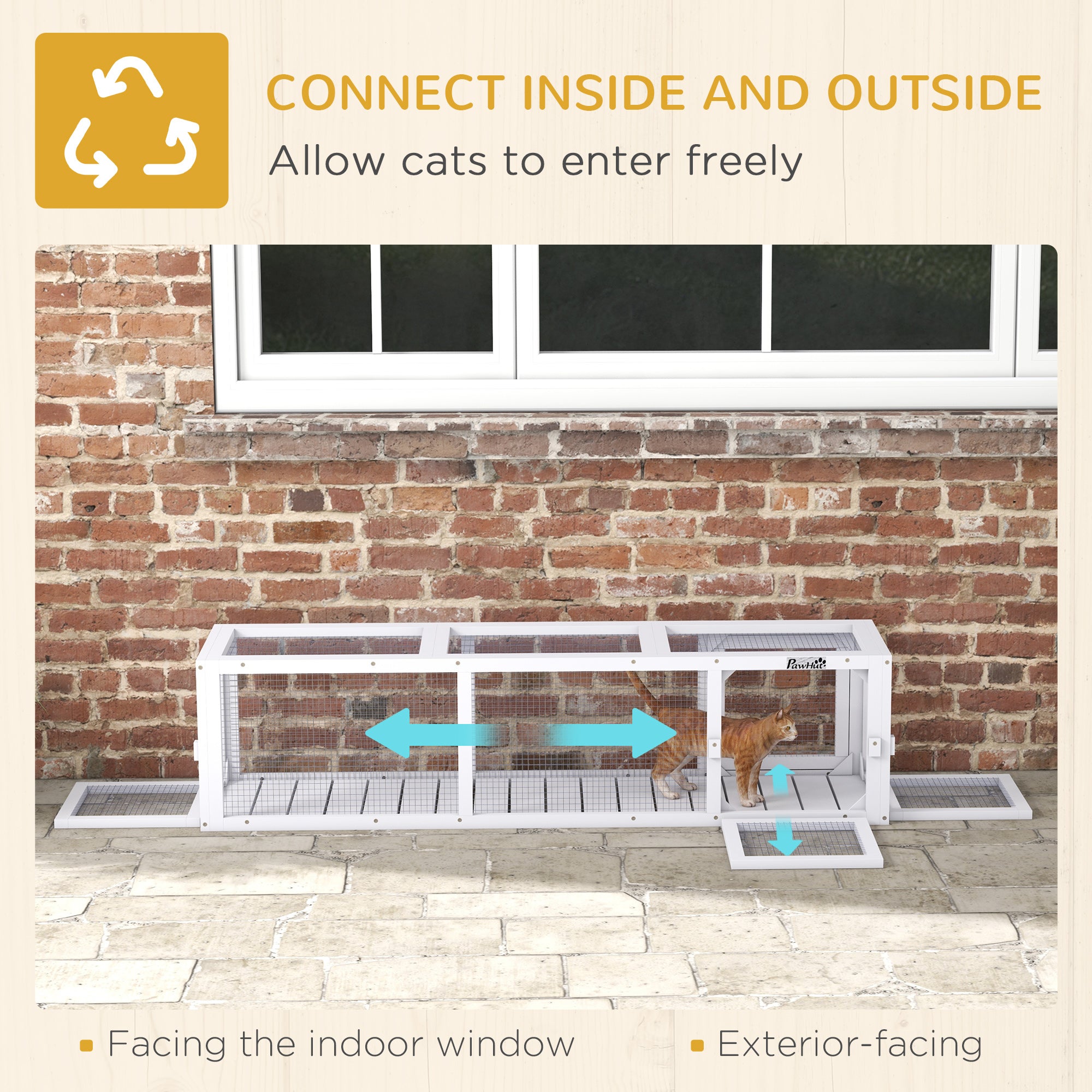 PawHut Outdoor Cat Tunnel with Extendable Design, 59" L Wooden Cat Run with Weather Protection, Connecting Inside and Outside, for Deck Patios, Balconies, White