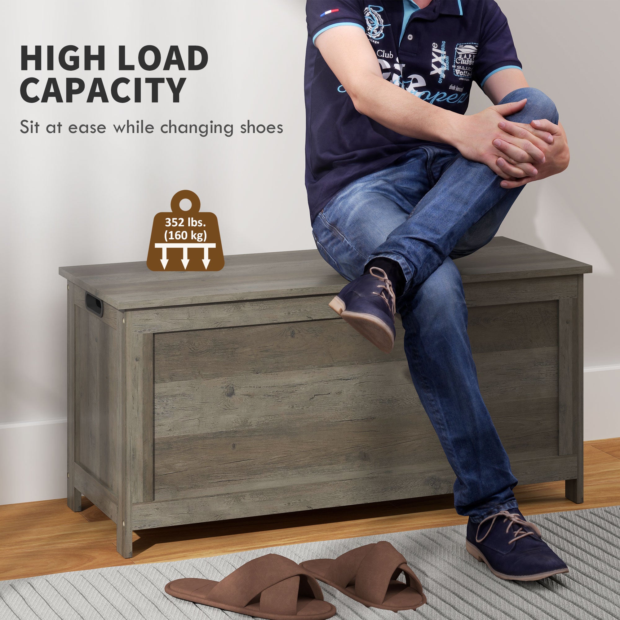 HOMCOM Storage Chest, Modern Storage Trunk with 2 Safety Hinges and Cut-out Handles, Storage Bench for Living Room, Shoe Bench for Entryway, 39.4" x 15.7" x 18.9", Distressed Grey