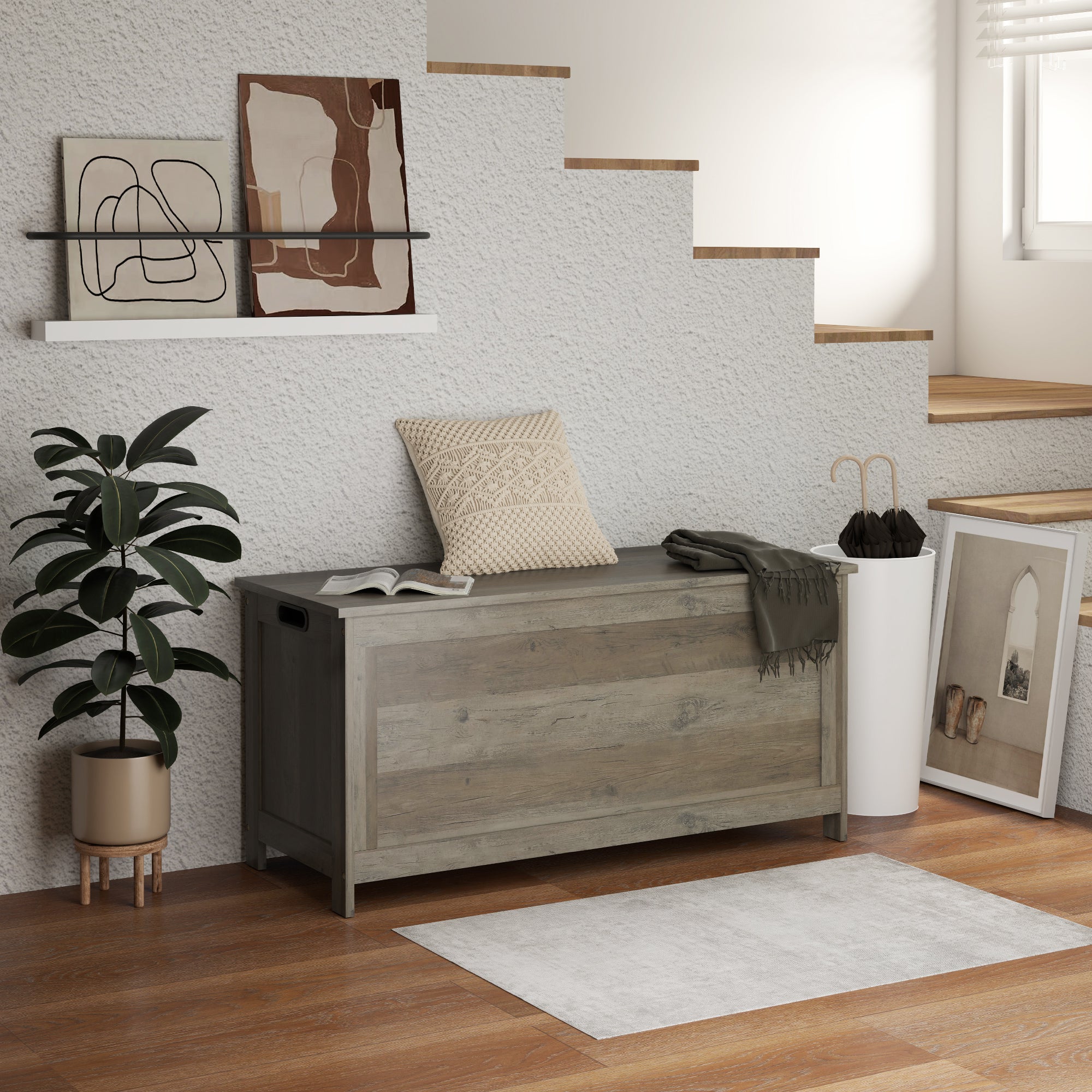 HOMCOM Storage Chest, Modern Storage Trunk with 2 Safety Hinges and Cut-out Handles, Storage Bench for Living Room, Shoe Bench for Entryway, 39.4" x 15.7" x 18.9", Distressed Grey
