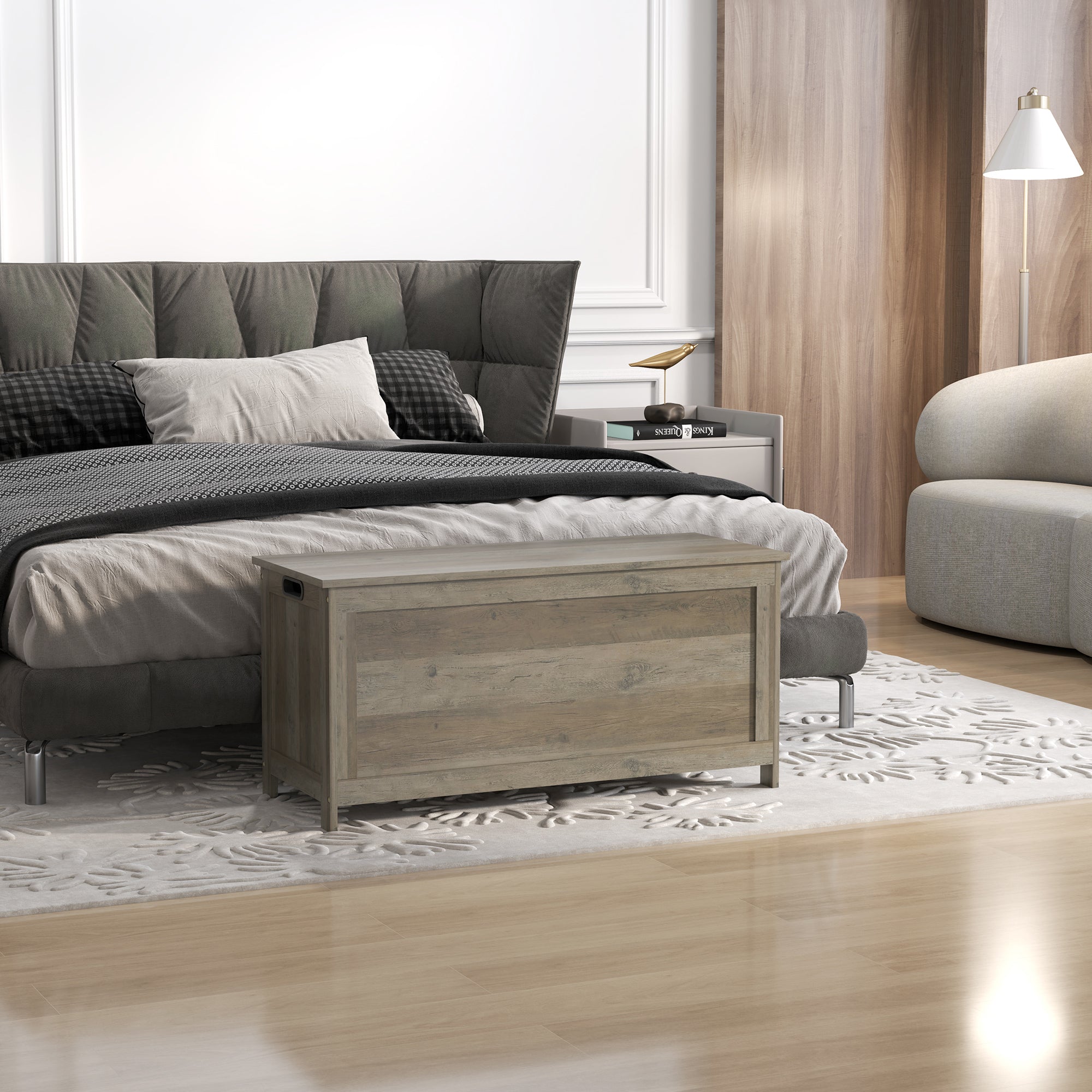 HOMCOM Storage Chest, Modern Storage Trunk with 2 Safety Hinges and Cut-out Handles, Storage Bench for Living Room, Shoe Bench for Entryway, 39.4" x 15.7" x 18.9", Distressed Grey