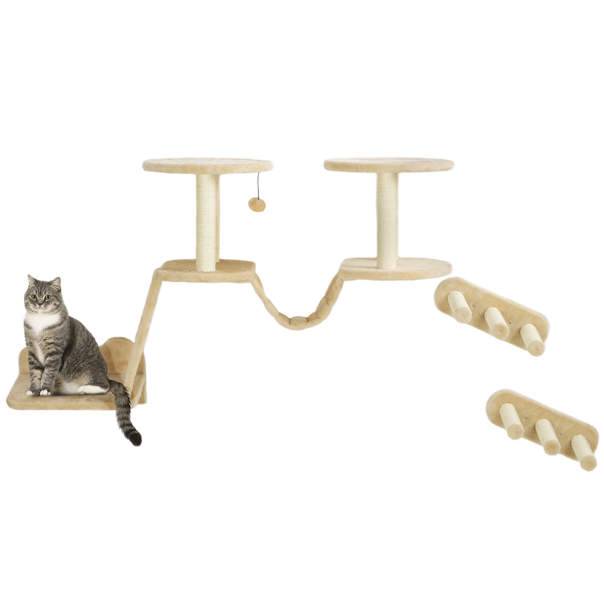 PawHut Cat Wall Shelves, 3 PCs Wall Mounted Cat Shelves with Scratching Post, Perches, Ladder, Steps, Scratching Board, Cat Wall Furniture for Indoor Cats, Kitten, Beige