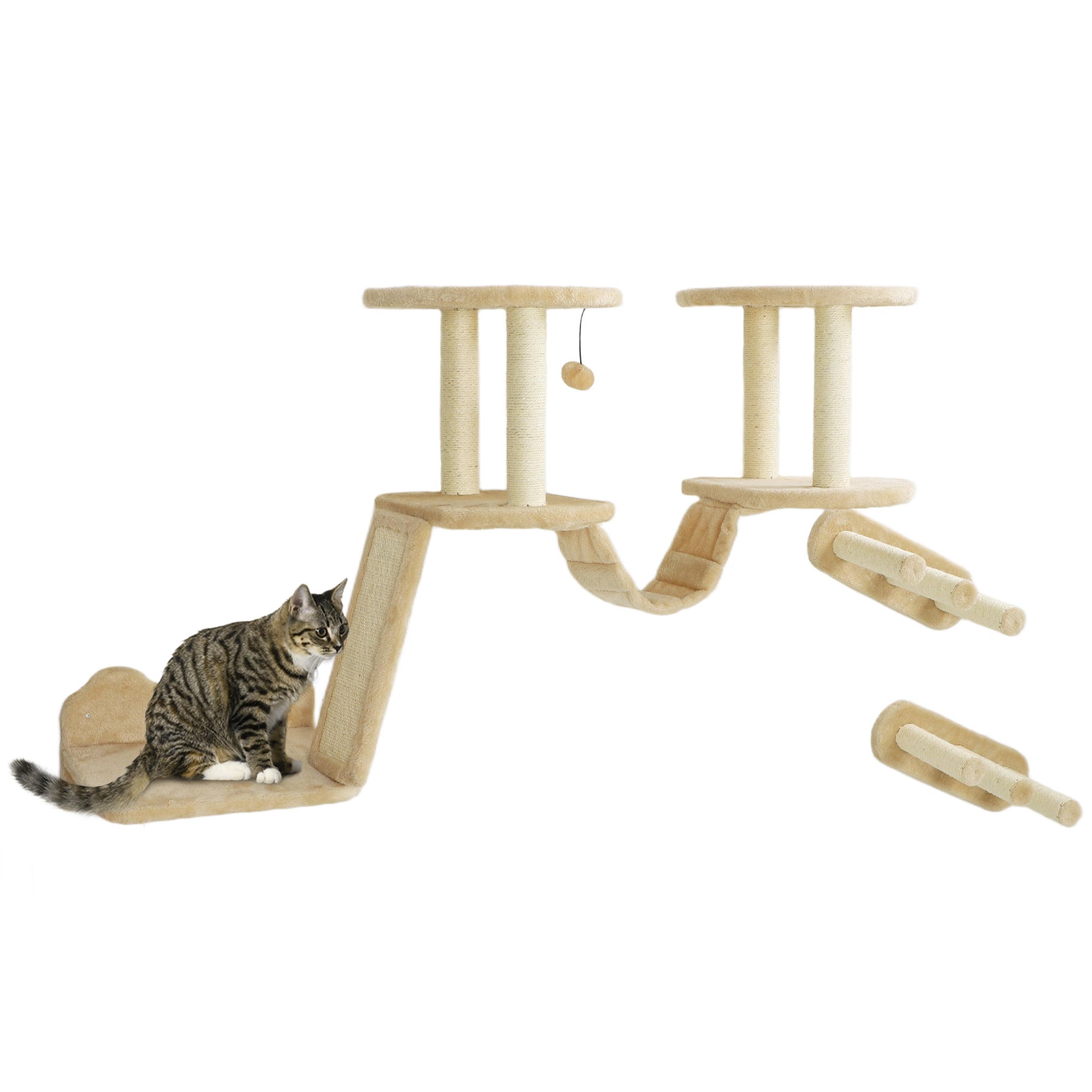 PawHut Cat Wall Shelves, 3 PCs Wall Mounted Cat Shelves with Scratching Post, Perches, Ladder, Steps, Scratching Board, Cat Wall Furniture for Indoor Cats, Kitten, Beige