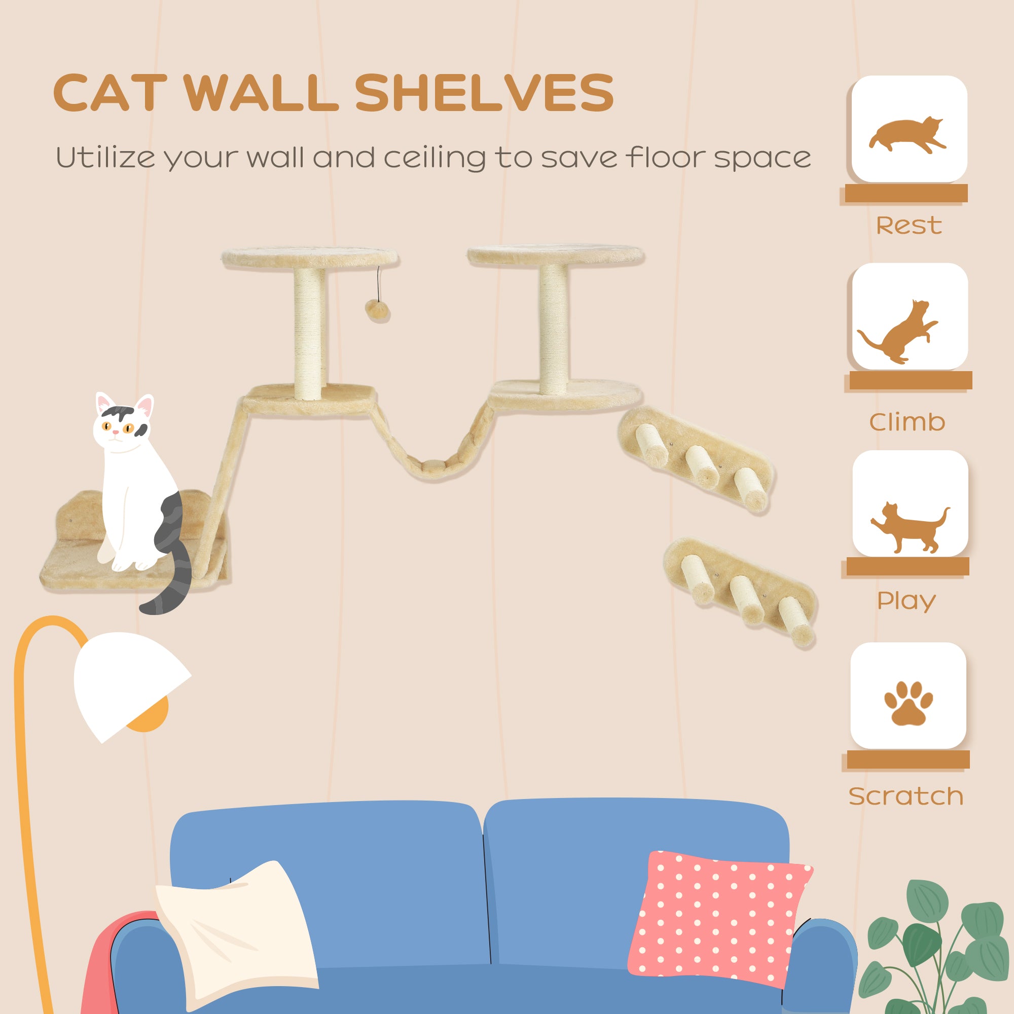 PawHut Cat Wall Shelves, 3 PCs Wall Mounted Cat Shelves with Scratching Post, Perches, Ladder, Steps, Scratching Board, Cat Wall Furniture for Indoor Cats, Kitten, Beige