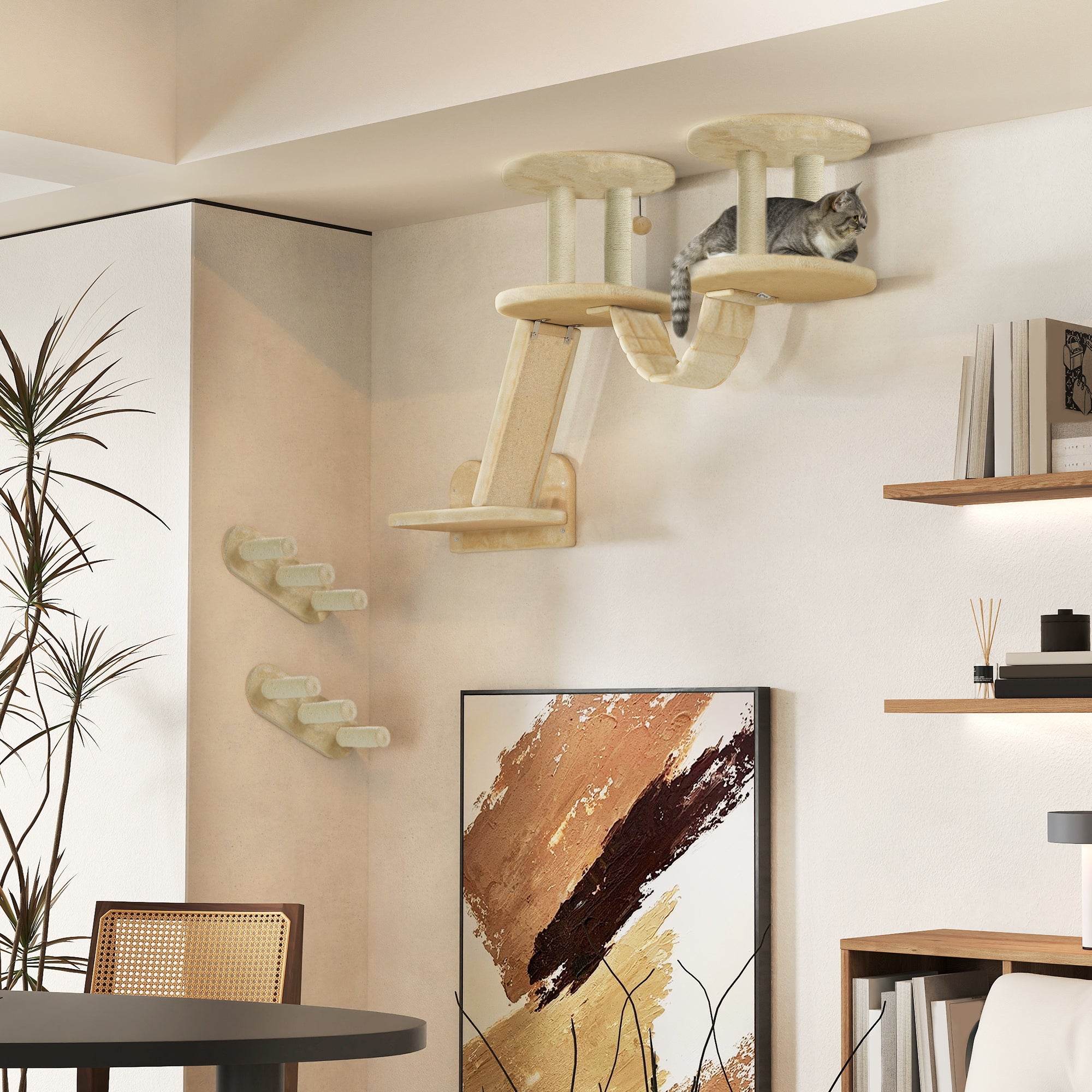 PawHut Cat Wall Shelves, 3 PCs Wall Mounted Cat Shelves with Scratching Post, Perches, Ladder, Steps, Scratching Board, Cat Wall Furniture for Indoor Cats, Kitten, Beige