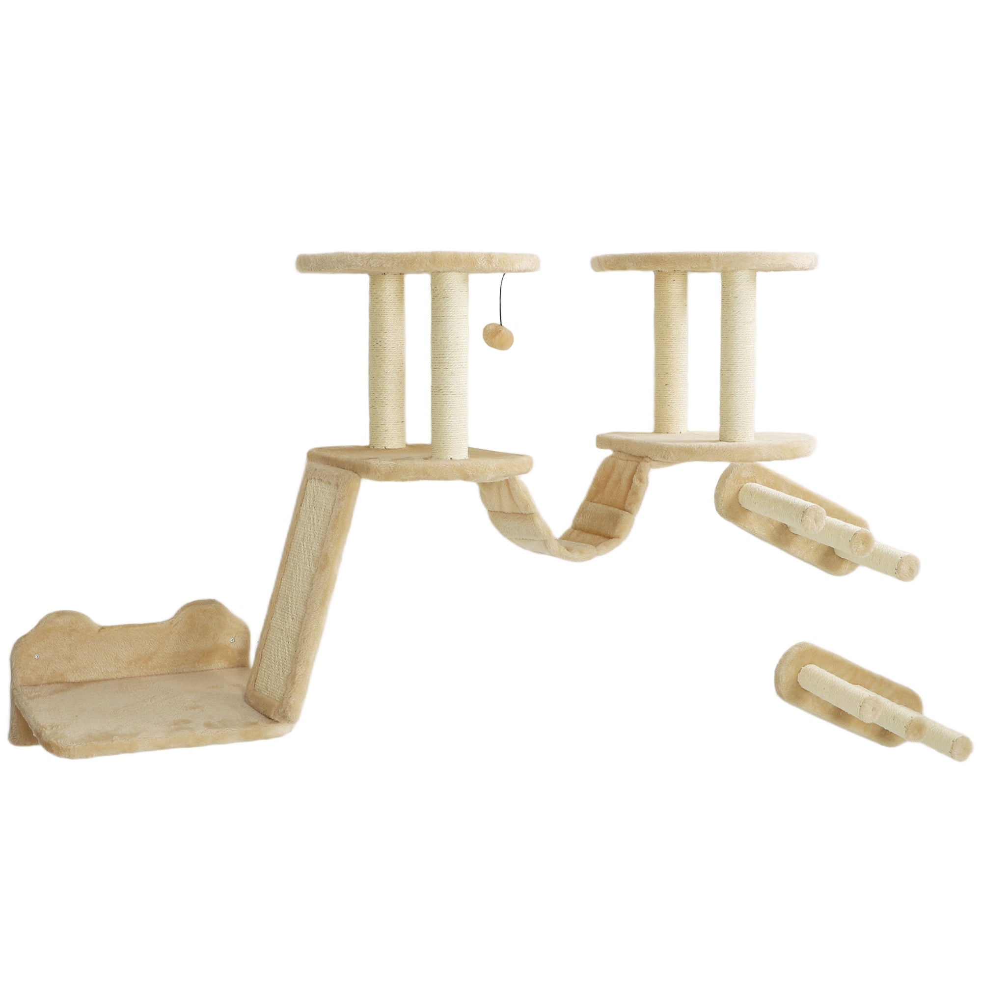 PawHut Cat Wall Shelves, 3 PCs Wall Mounted Cat Shelves with Scratching Post, Perches, Ladder, Steps, Scratching Board, Cat Wall Furniture for Indoor Cats, Kitten, Beige