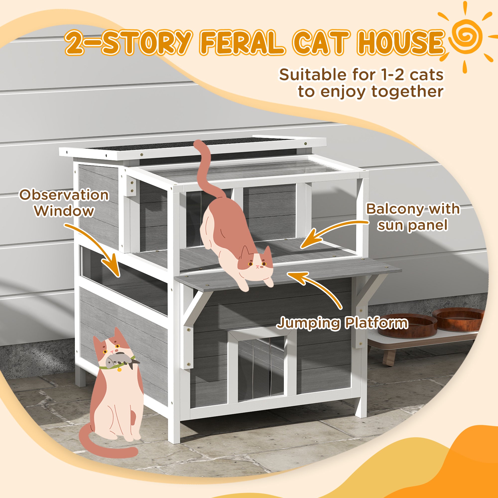 PawHut 2-Story Outdoor Cat House with Balcony, Weatherproof Feral Cat Shelter with Openable Top, Escape Door, Removable Panel & Floor, Wooden Cat House for Outside, Backyard, Light Gray