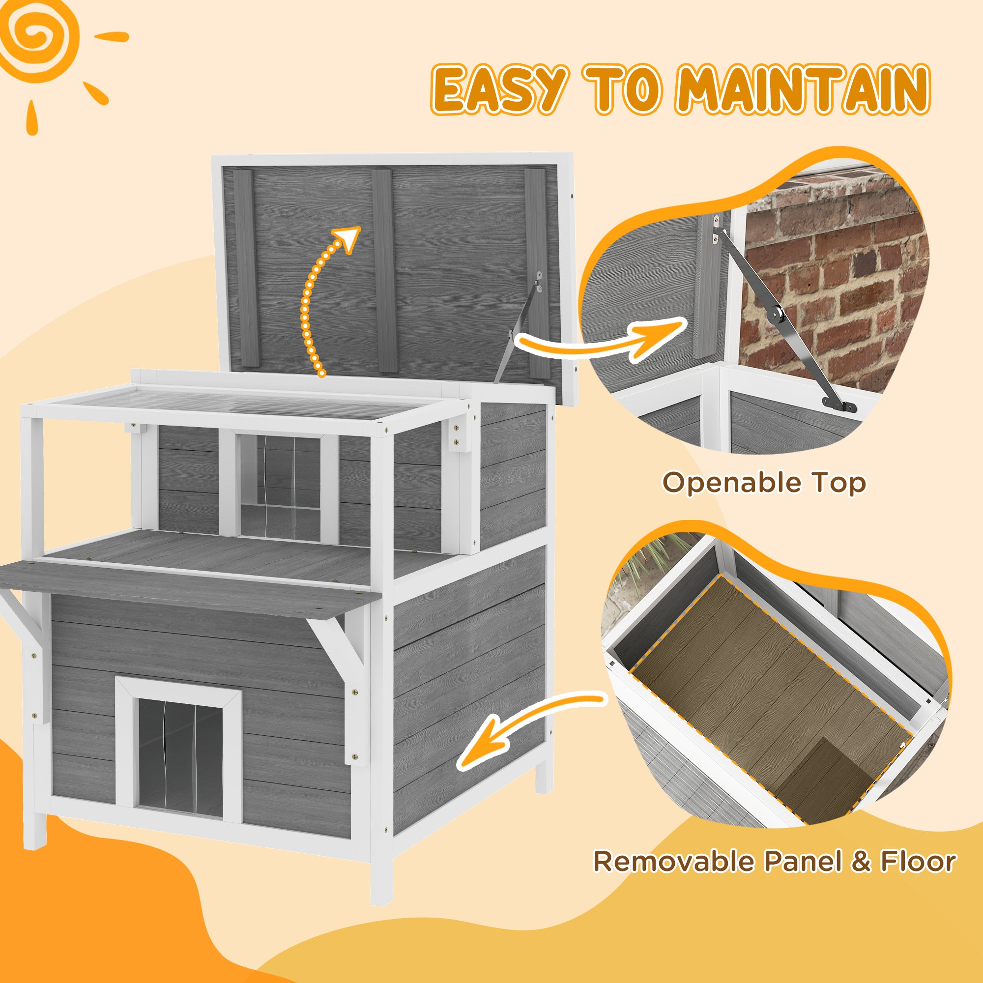 PawHut 2-Story Outdoor Cat House with Balcony, Weatherproof Feral Cat Shelter with Openable Top, Escape Door, Removable Panel & Floor, Wooden Cat House for Outside, Backyard, Light Gray