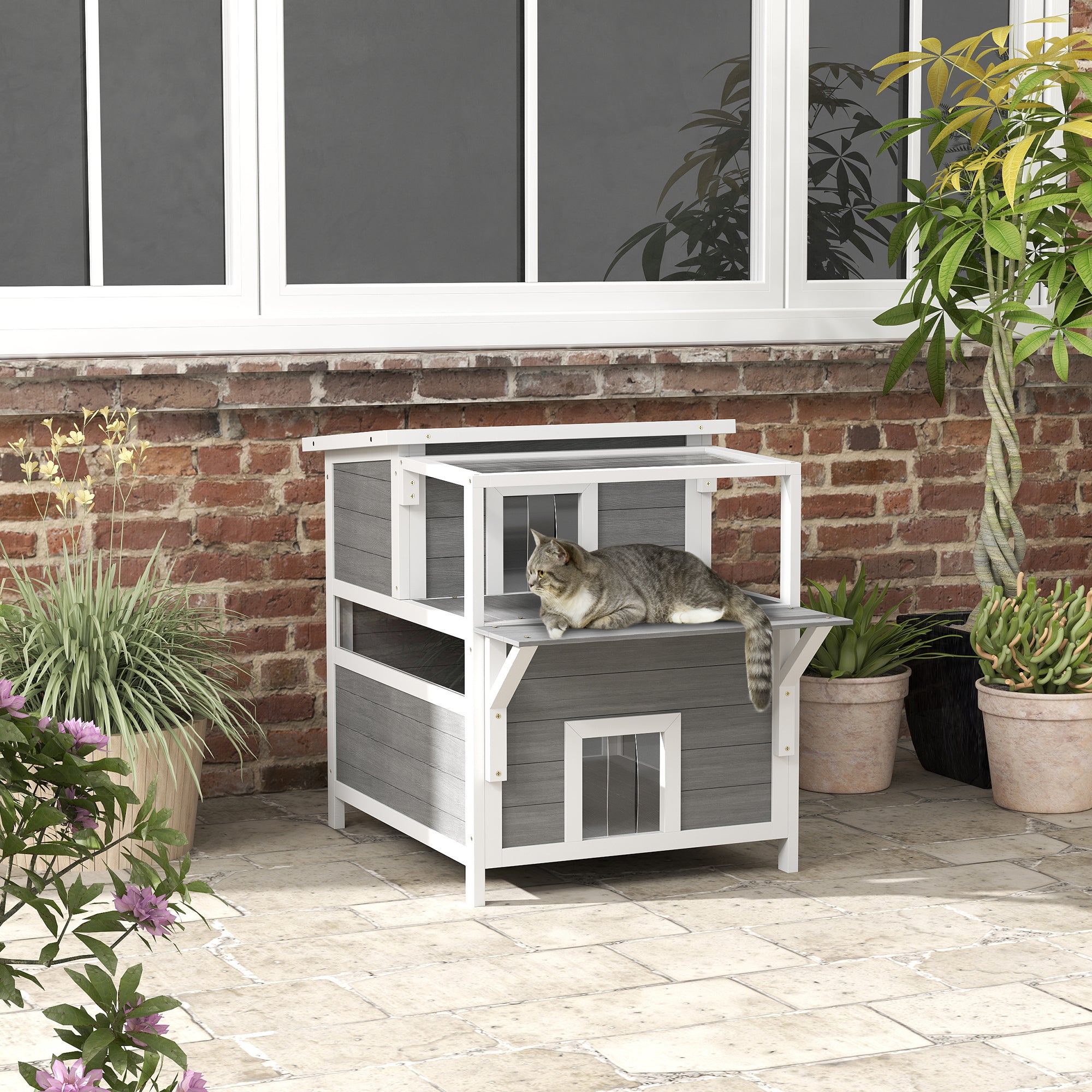 PawHut 2-Story Outdoor Cat House with Balcony, Weatherproof Feral Cat Shelter with Openable Top, Escape Door, Removable Panel & Floor, Wooden Cat House for Outside, Backyard, Light Gray