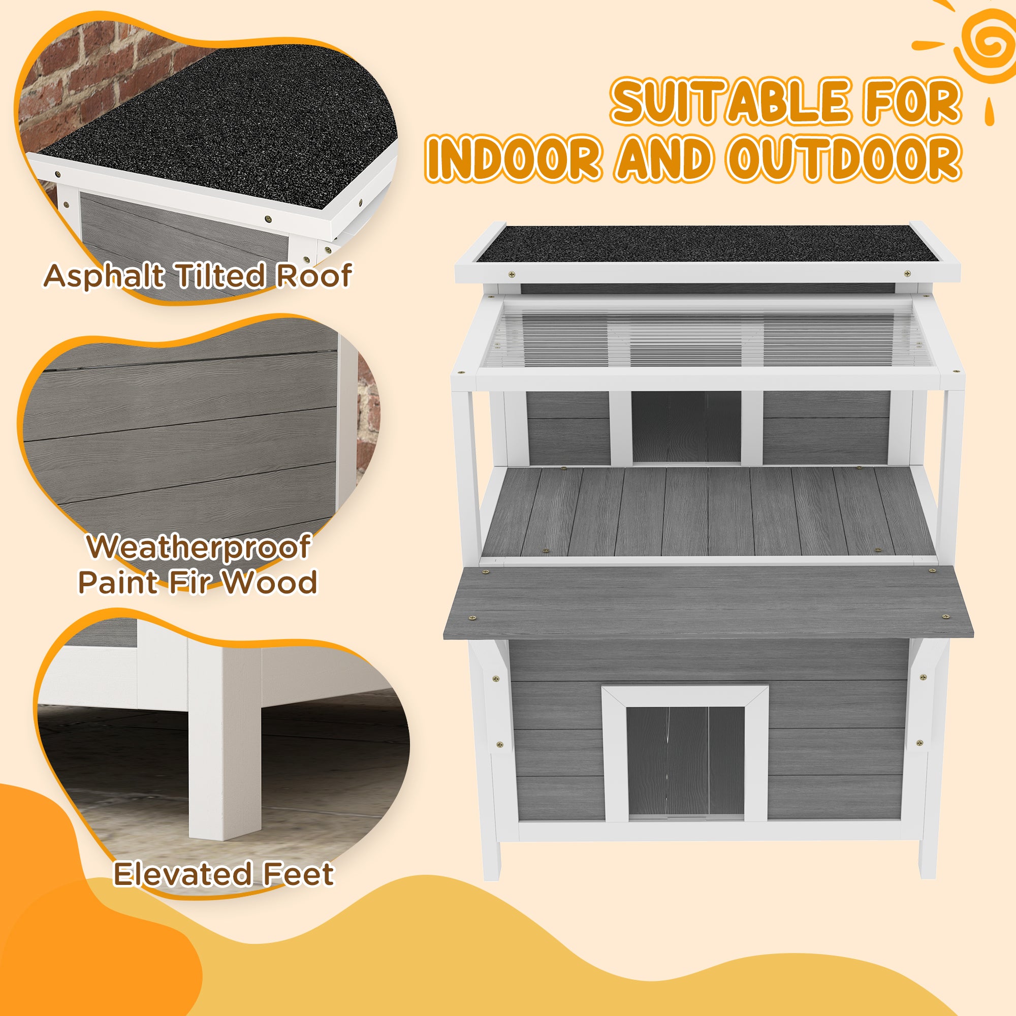 PawHut 2-Story Outdoor Cat House with Balcony, Weatherproof Feral Cat Shelter with Openable Top, Escape Door, Removable Panel & Floor, Wooden Cat House for Outside, Backyard, Light Gray