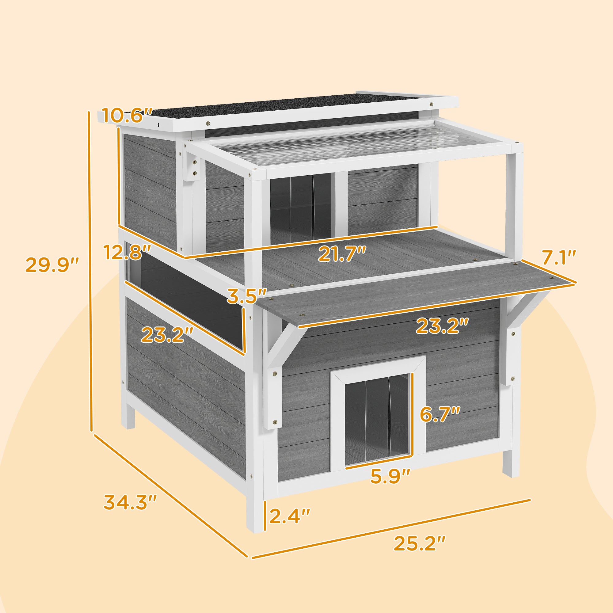 PawHut 2-Story Outdoor Cat House with Balcony, Weatherproof Feral Cat Shelter with Openable Top, Escape Door, Removable Panel & Floor, Wooden Cat House for Outside, Backyard, Light Gray