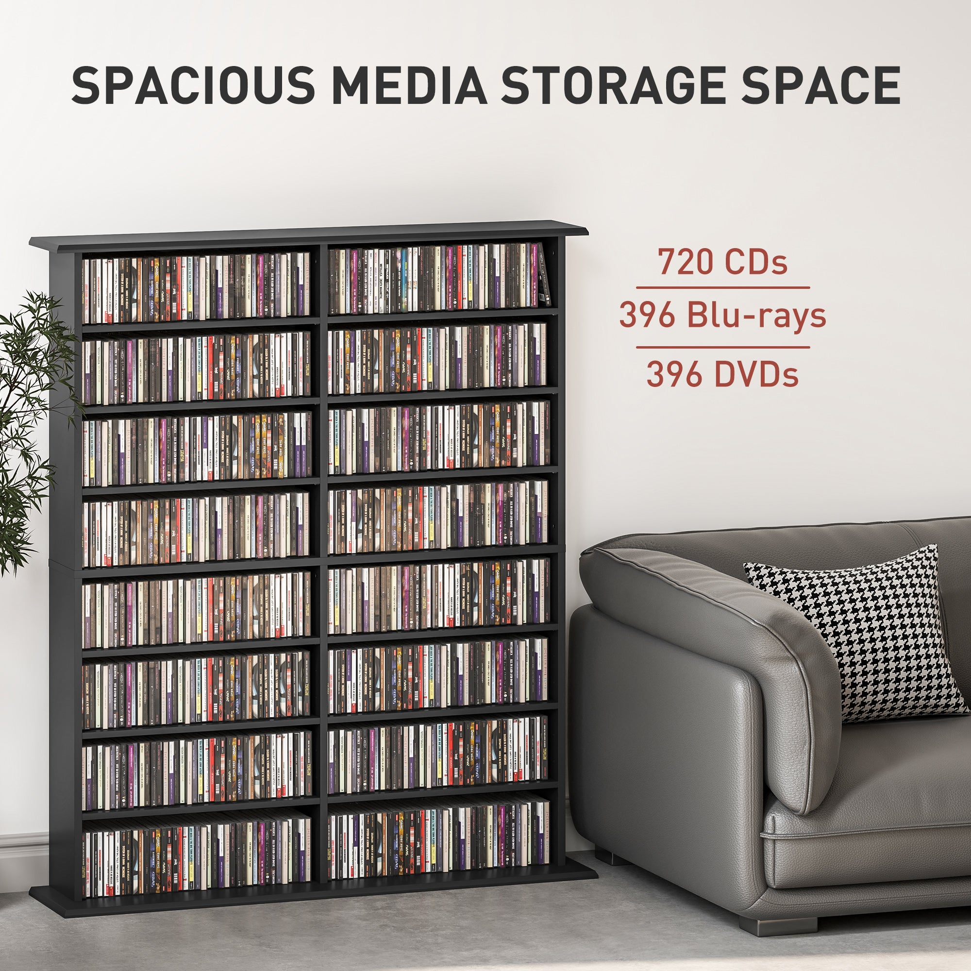 HOMCOM Double Media Storage Cabinet, 8-Tier DVD Shelf with 12 Adjustable Shelves, 16 Compartments, Holds 720 CDs, 396 DVDs or 396 Blu-rays, Black