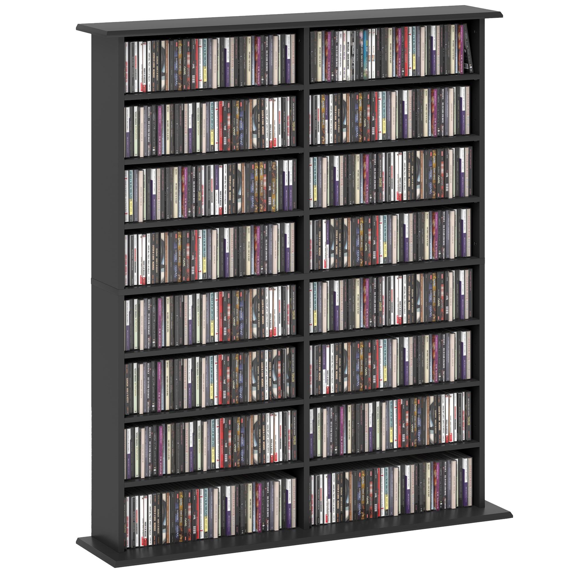HOMCOM Double Media Storage Cabinet, 8-Tier DVD Shelf with 12 Adjustable Shelves, 16 Compartments, Holds 720 CDs, 396 DVDs or 396 Blu-rays, Black