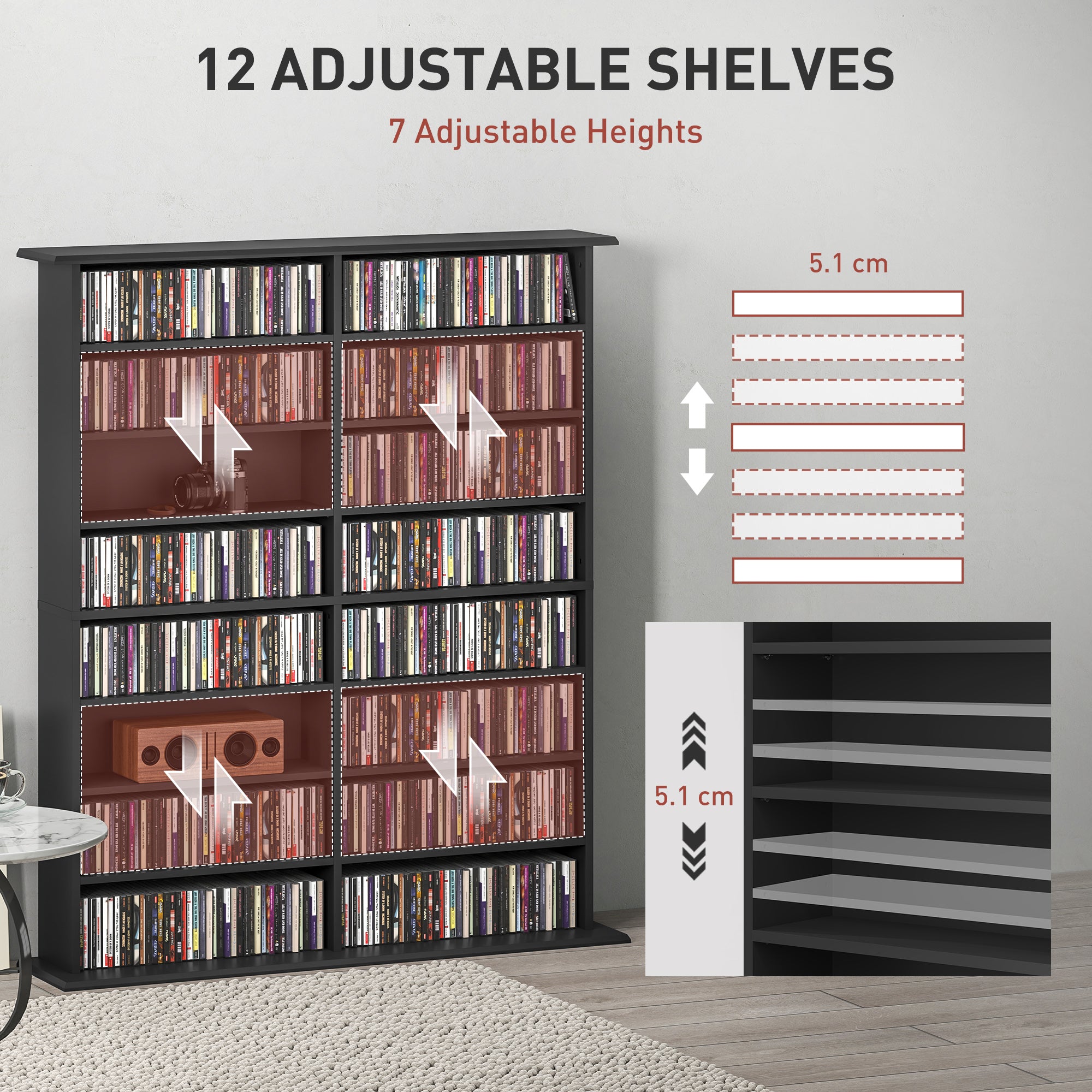 HOMCOM Double Media Storage Cabinet, 8-Tier DVD Shelf with 12 Adjustable Shelves, 16 Compartments, Holds 720 CDs, 396 DVDs or 396 Blu-rays, Black