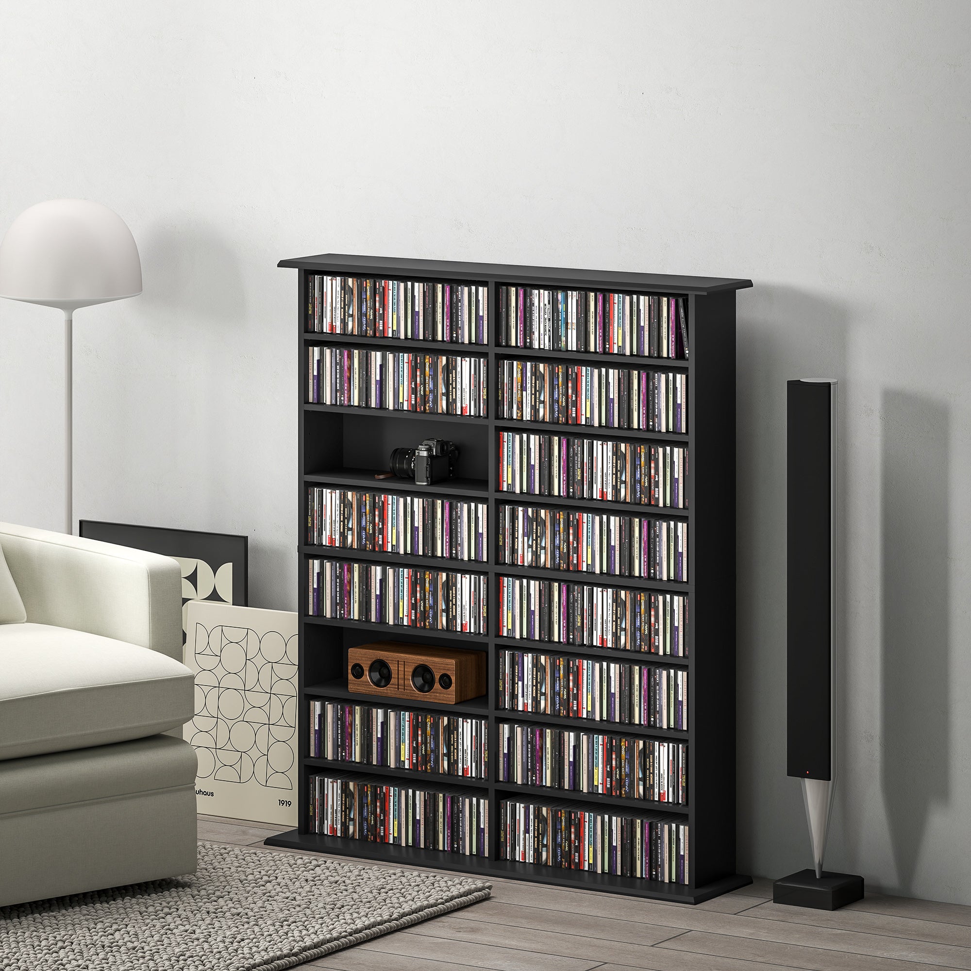 HOMCOM Double Media Storage Cabinet, 8-Tier DVD Shelf with 12 Adjustable Shelves, 16 Compartments, Holds 720 CDs, 396 DVDs or 396 Blu-rays, Black