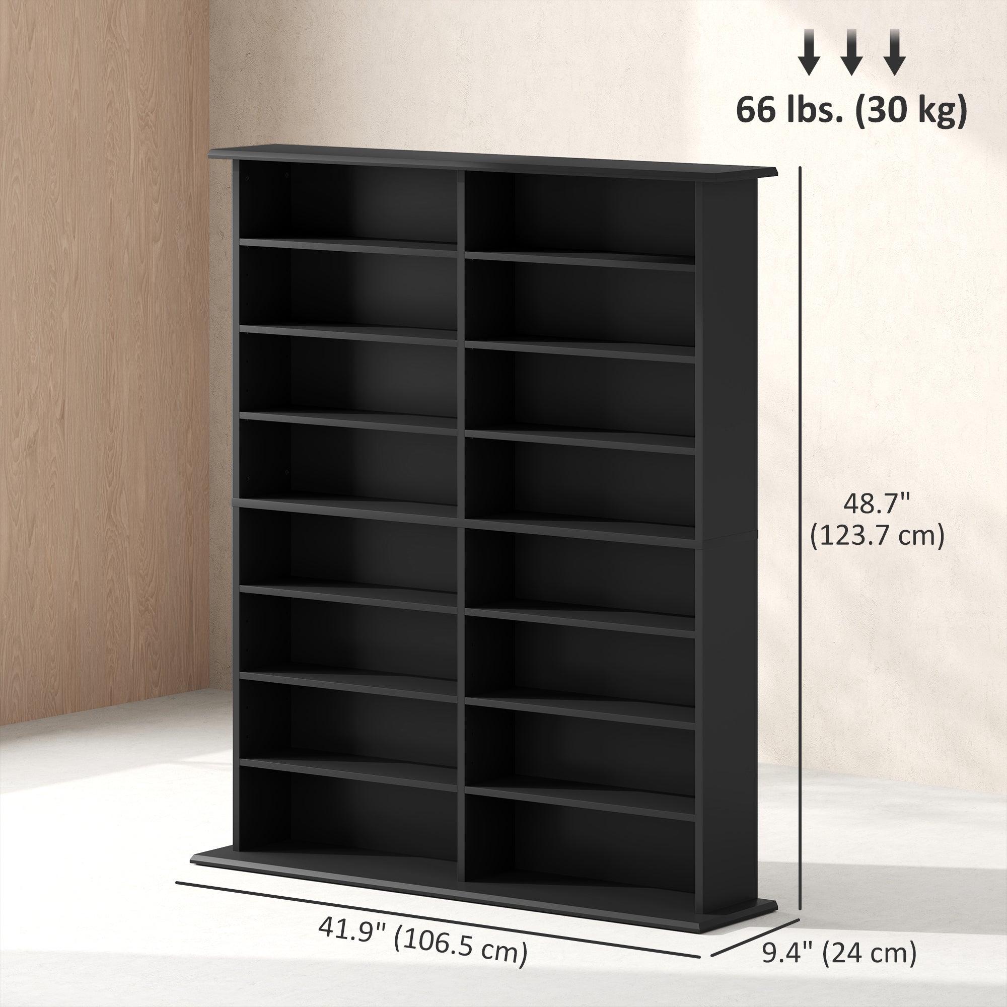 HOMCOM Double Media Storage Cabinet, 8-Tier DVD Shelf with 12 Adjustable Shelves, 16 Compartments, Holds 720 CDs, 396 DVDs or 396 Blu-rays, Black